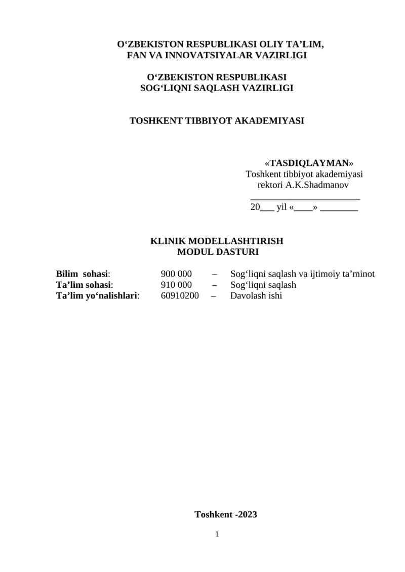 KLINIK MODELLASHTIRISH MODUL DASTURI 1