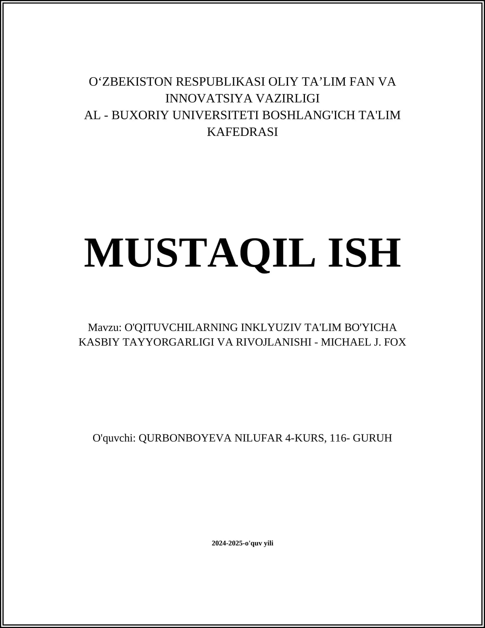 O'QITUVCHILARNING INKLYUZIV TA'LIM BO'YICHA KASBIY TAYYORGARLIGI VA RIVOJLANISHI - MICHAEL J. FOX 1