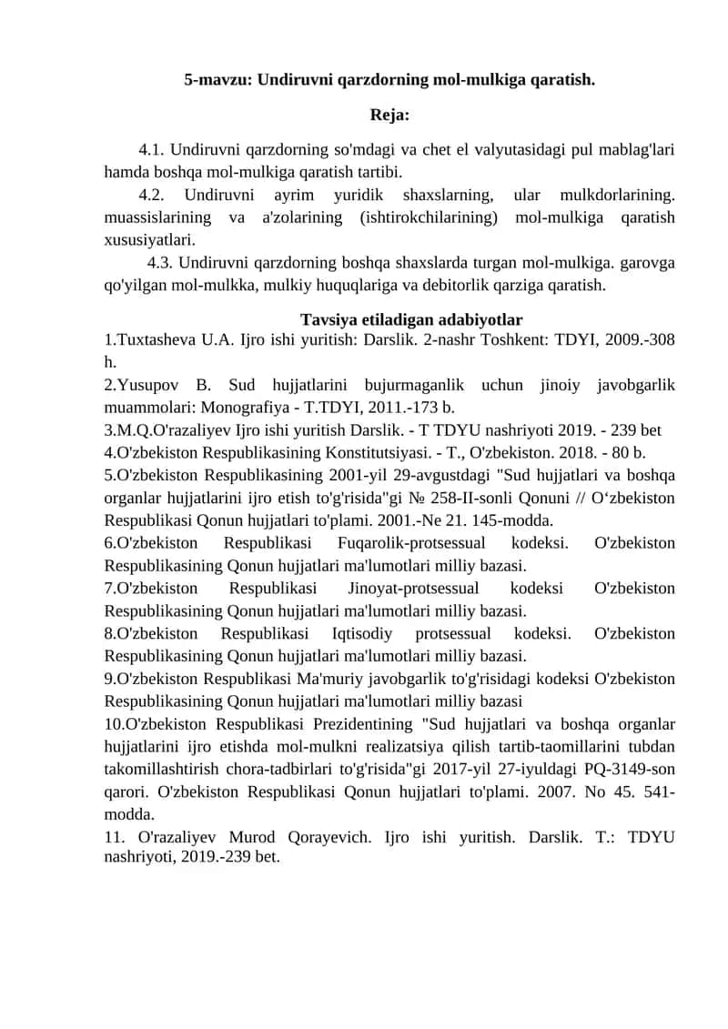 Undiruvni qarzdorning mol-mulkiga qaratish 1