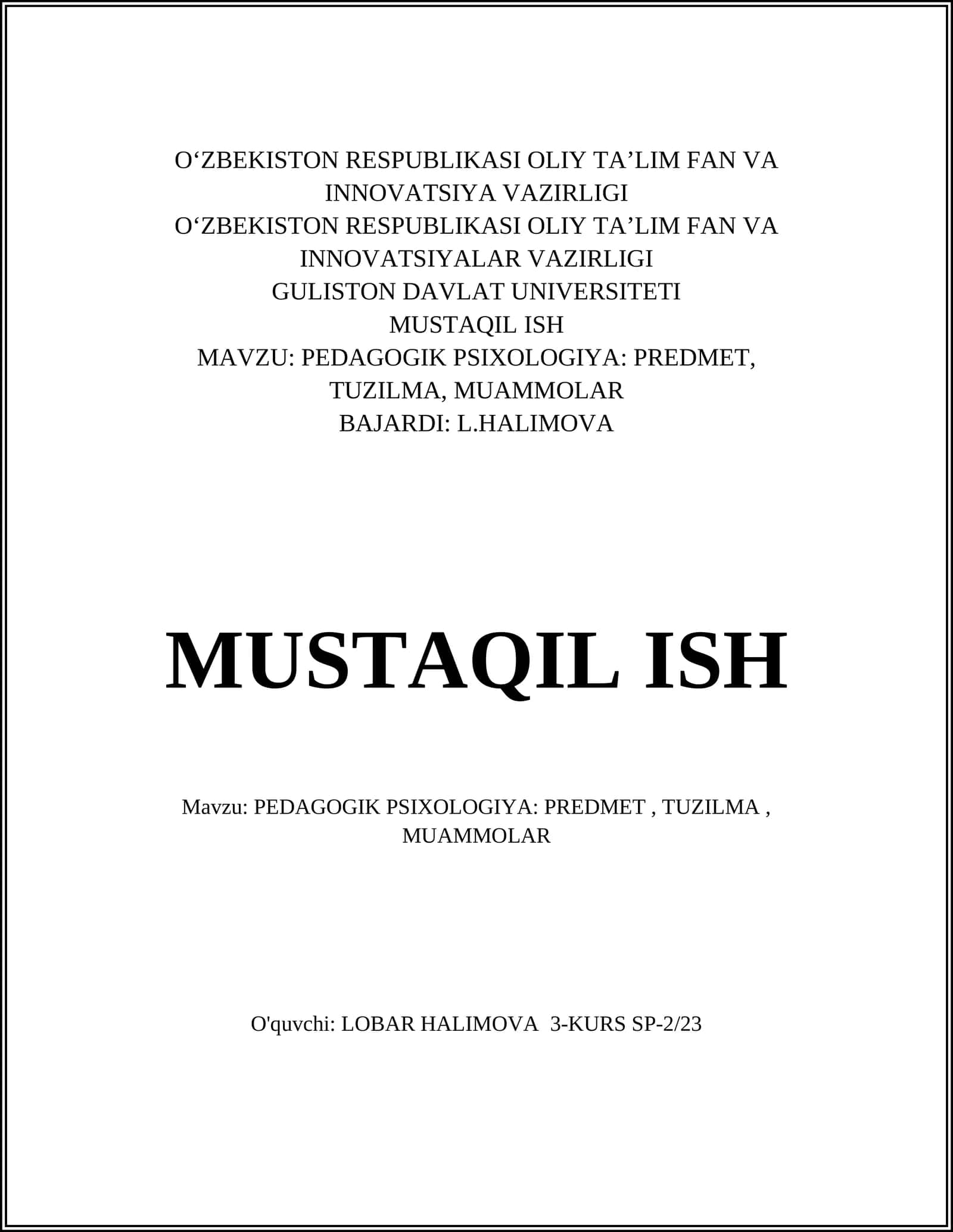 PEDAGOGIK PSIXOLOGIYA: PREDMET, TUZILMA, MUAMMOLAR 1