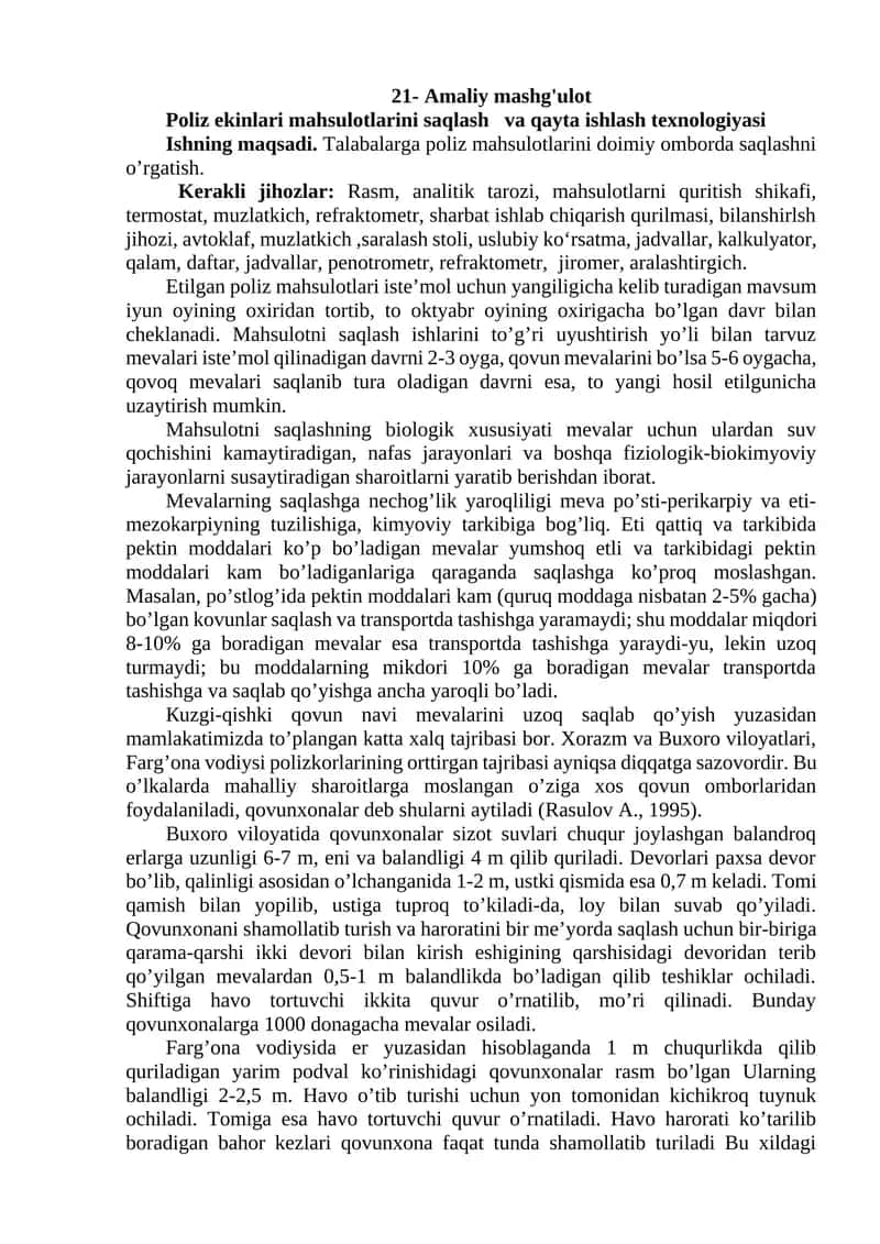 Poliz ekinlari mahsulotlarini saqlash va qayta ishlash texnologiyasi 1