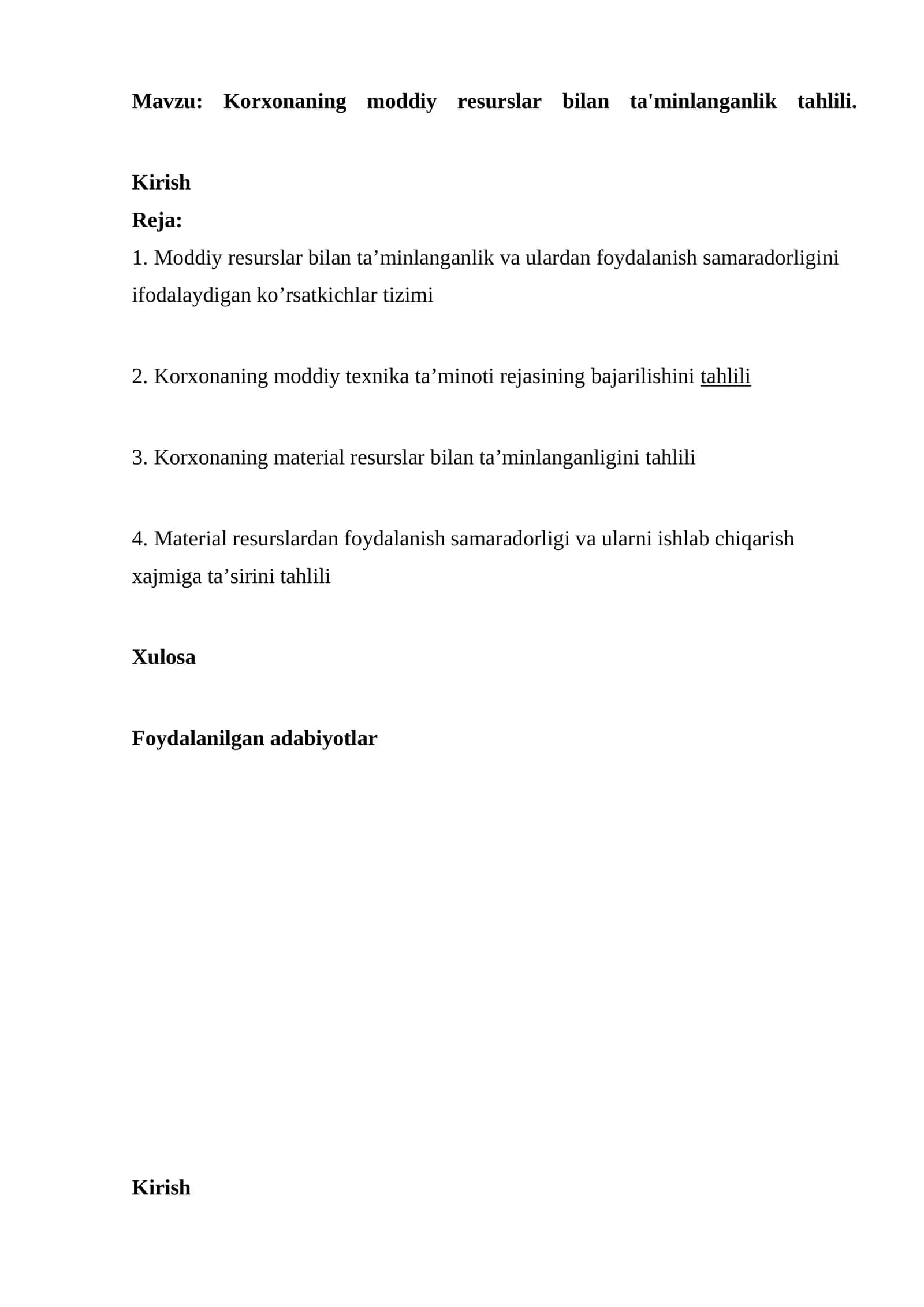 Korxonaning moddiy resurslar bilan ta'minlanganlik tahlili 1