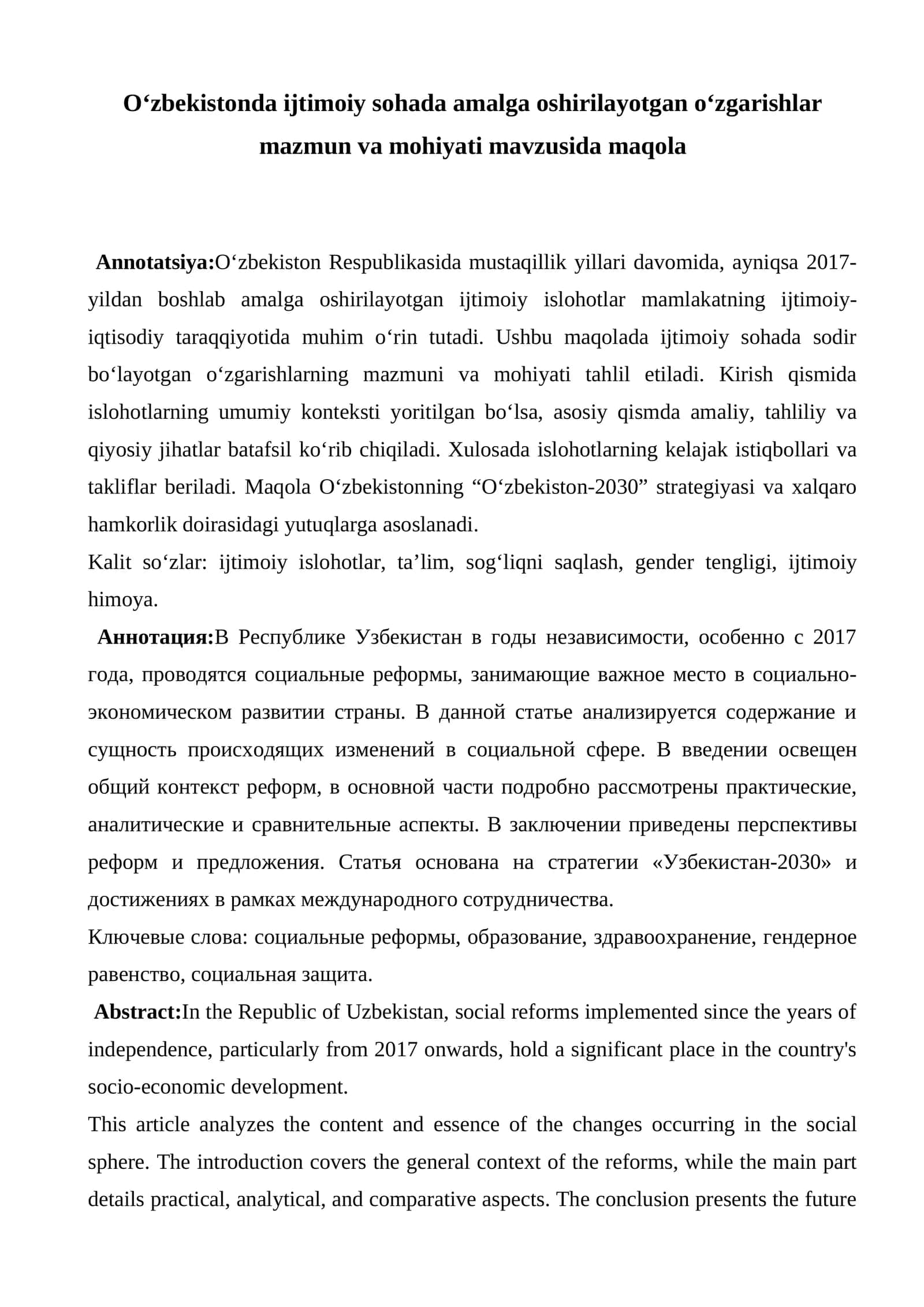 O‘zbekistonda ijtimoiy sohada amalga oshirilayotgan o‘zgarishlar mazmun va mohiyati 1