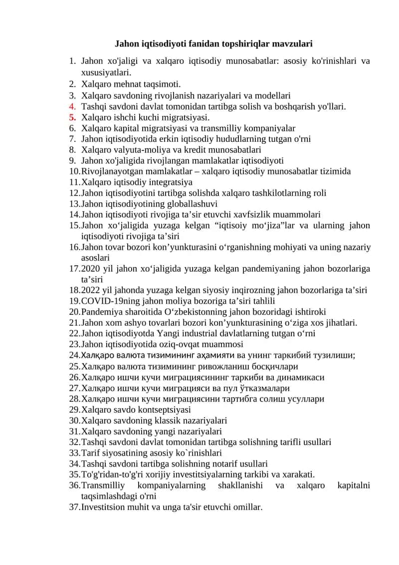 Jahon iqtisodiyoti fanidan topshiriqlar mavzulari 1