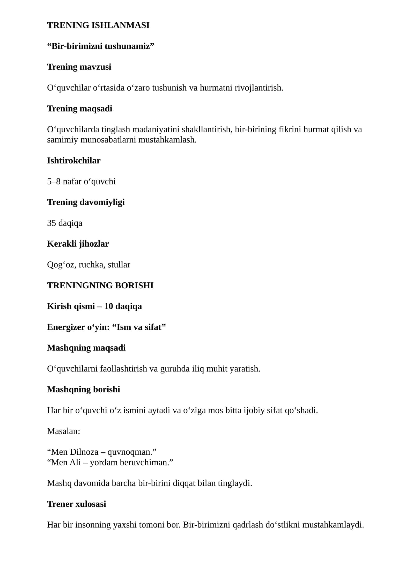 TRENING ISHLANMASI “Bir-birimizni tushunamiz” 1