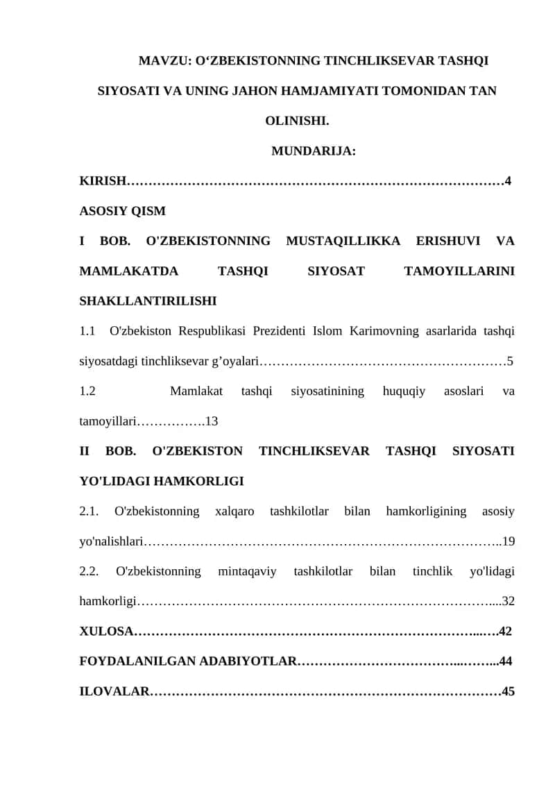 : O‘ZBEKISTONNING TINCHLIKSEVAR TASHQI SIYOSATI VA UNING JAHON HAMJAMIYATI TOMONIDAN TAN OLINISHI. 1