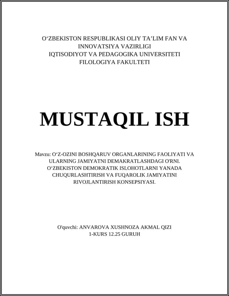Oʻz-oʻzini boshqaruv organlari tushunchasi va huquqiy-asoslari: Oʻzbekiston kontekstida 1