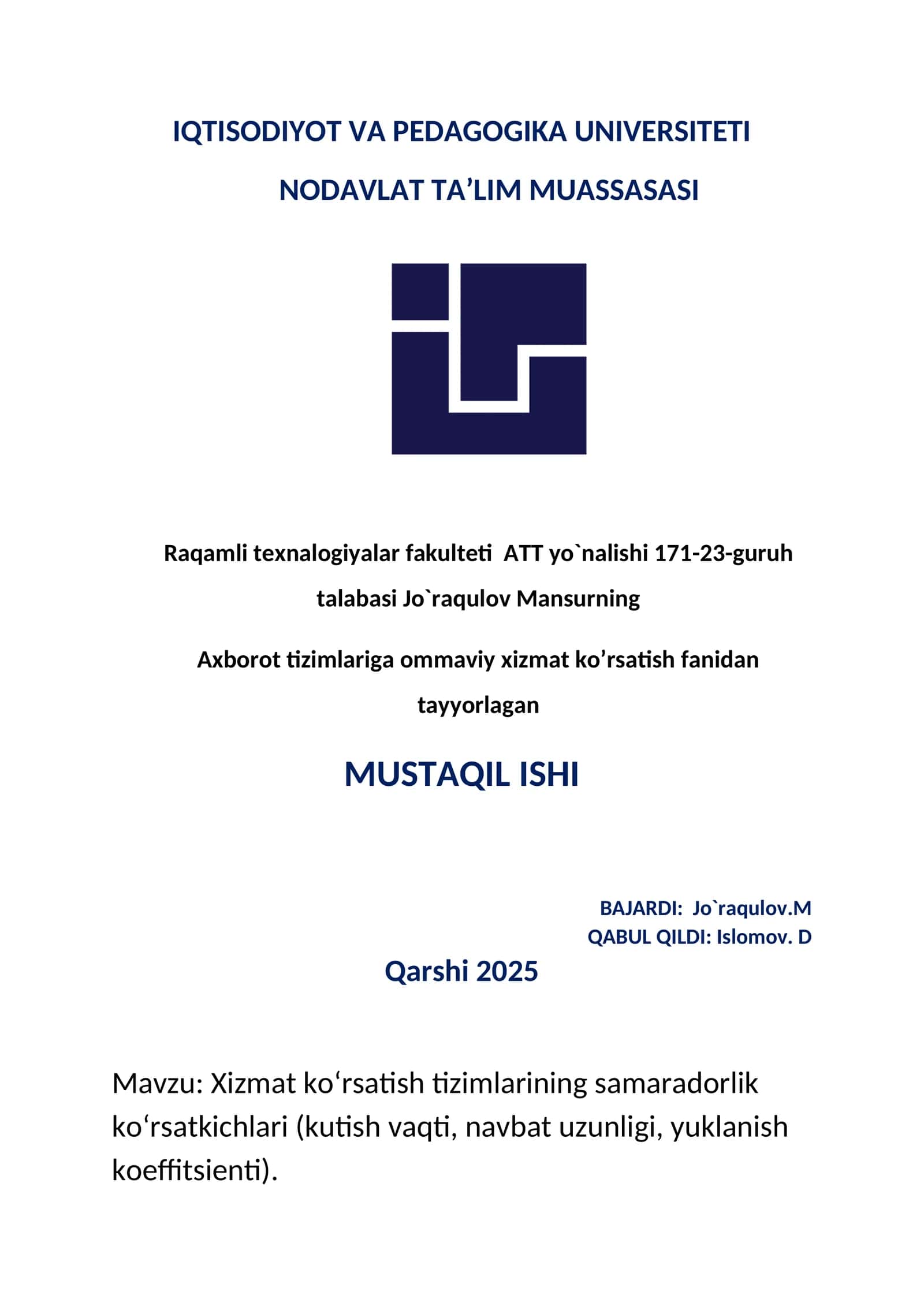 Xizmat ko‘rsatish tizimlarining samaradorlik ko‘rsatkichlari 1