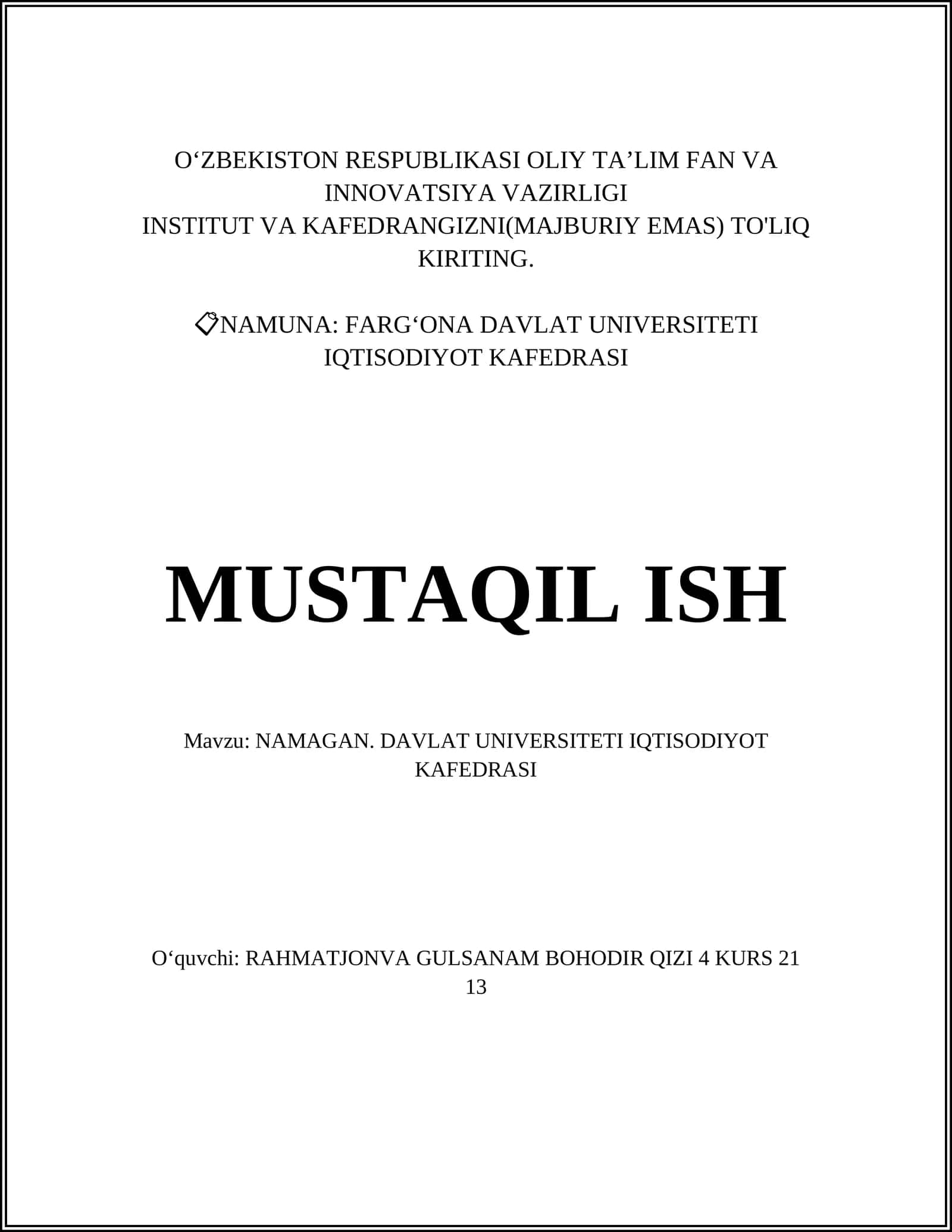 NAMAGAN. DAVLAT UNIVERSITETI IQTISODIYOT KAFEDRASI 1