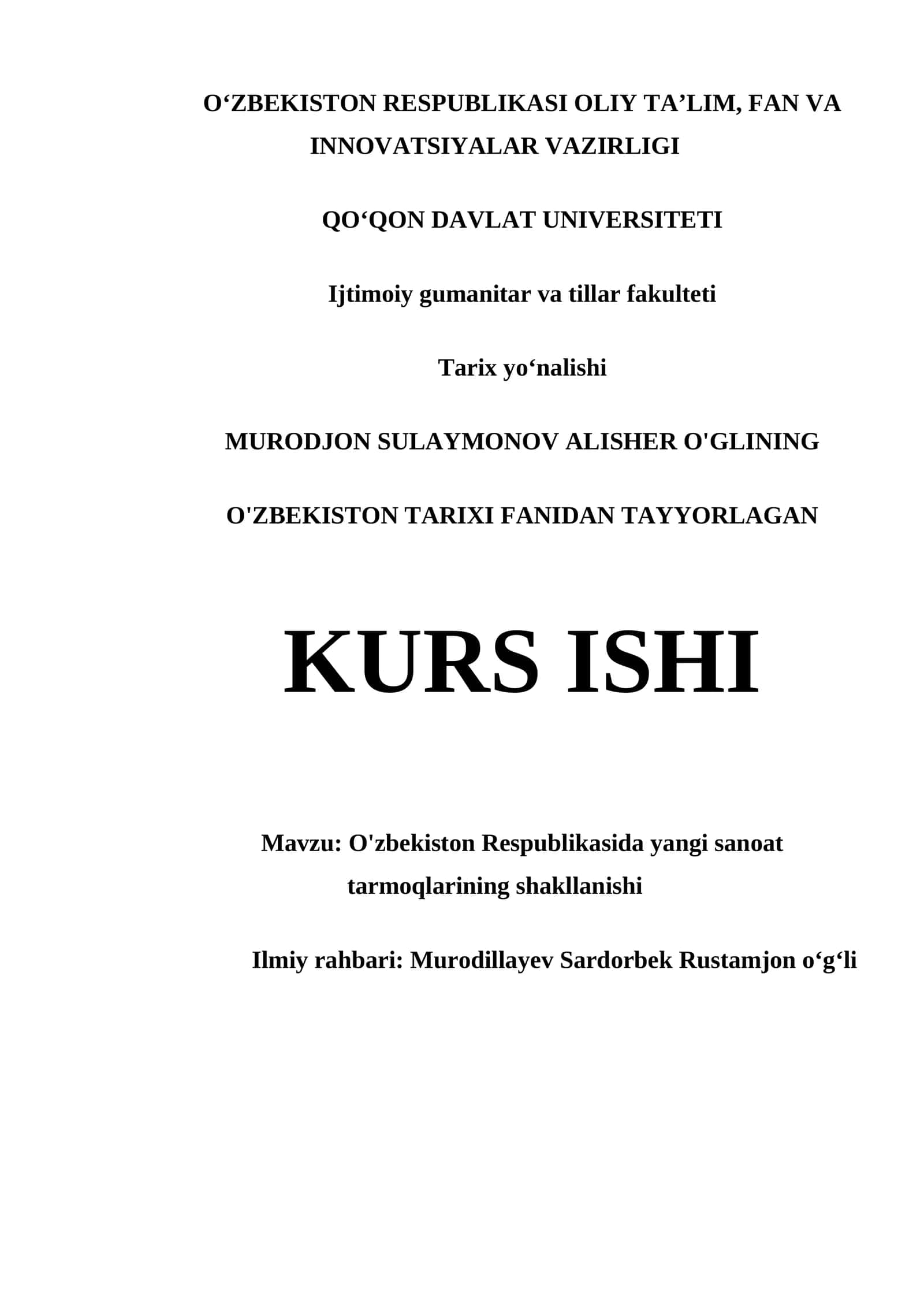 O'ZBEKISTON TARIXI FANIDAN TAYYORLAGAN KURS ISHI 1