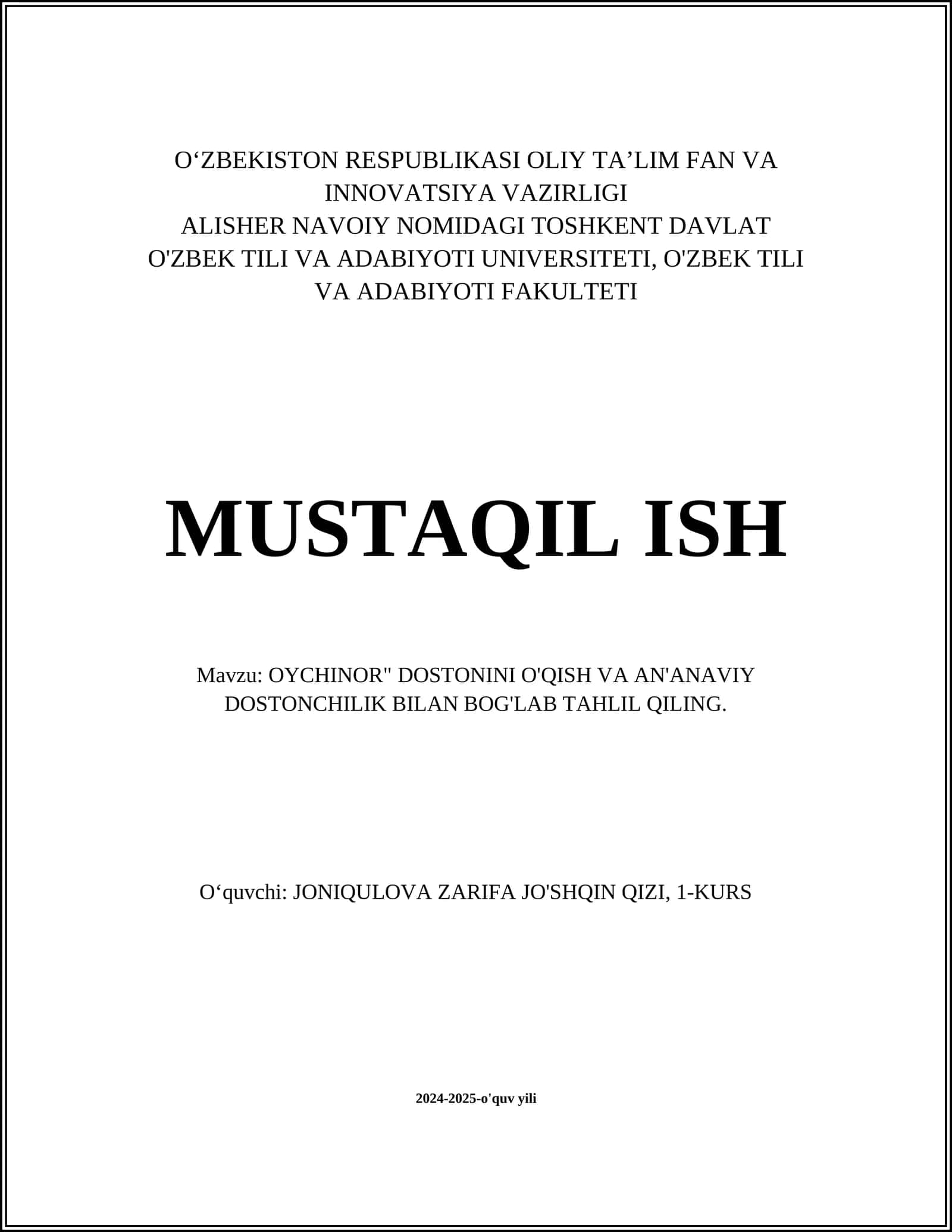 OYCHINOR DOSTONINI O'QISH VA AN'ANAVIY DOSTONCHILIK BILAN BOG'LAB TAHLIL QILING 1