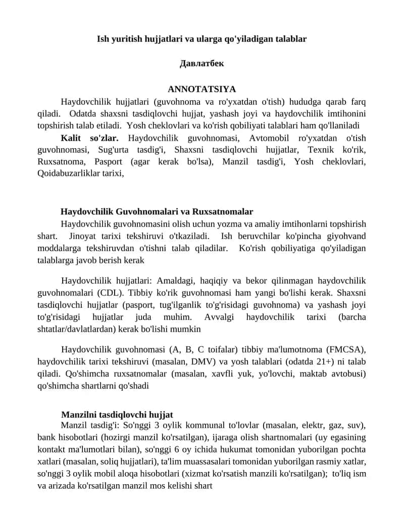 Haydovchilik Guvohnomalari va Ruxsatnomalar 1