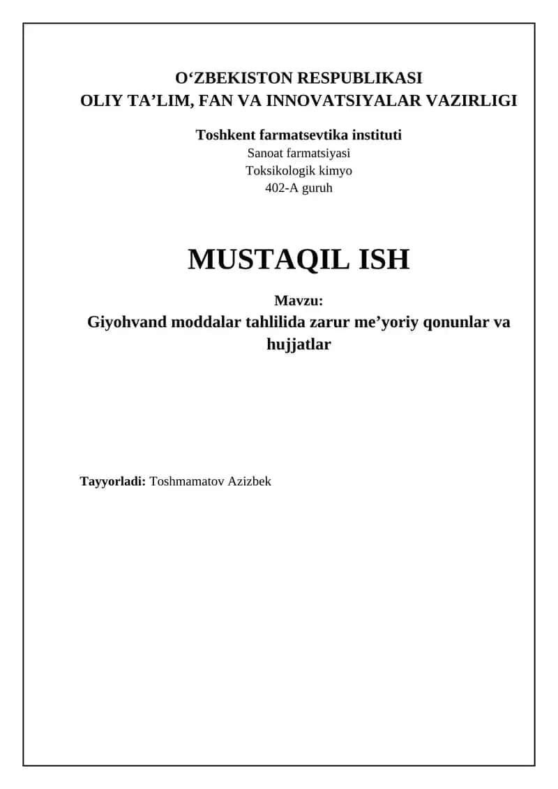 Dori vositalari sifatini tartibga soluvchi asosiy qonunchilik va me’yoriy hujjatlar 1