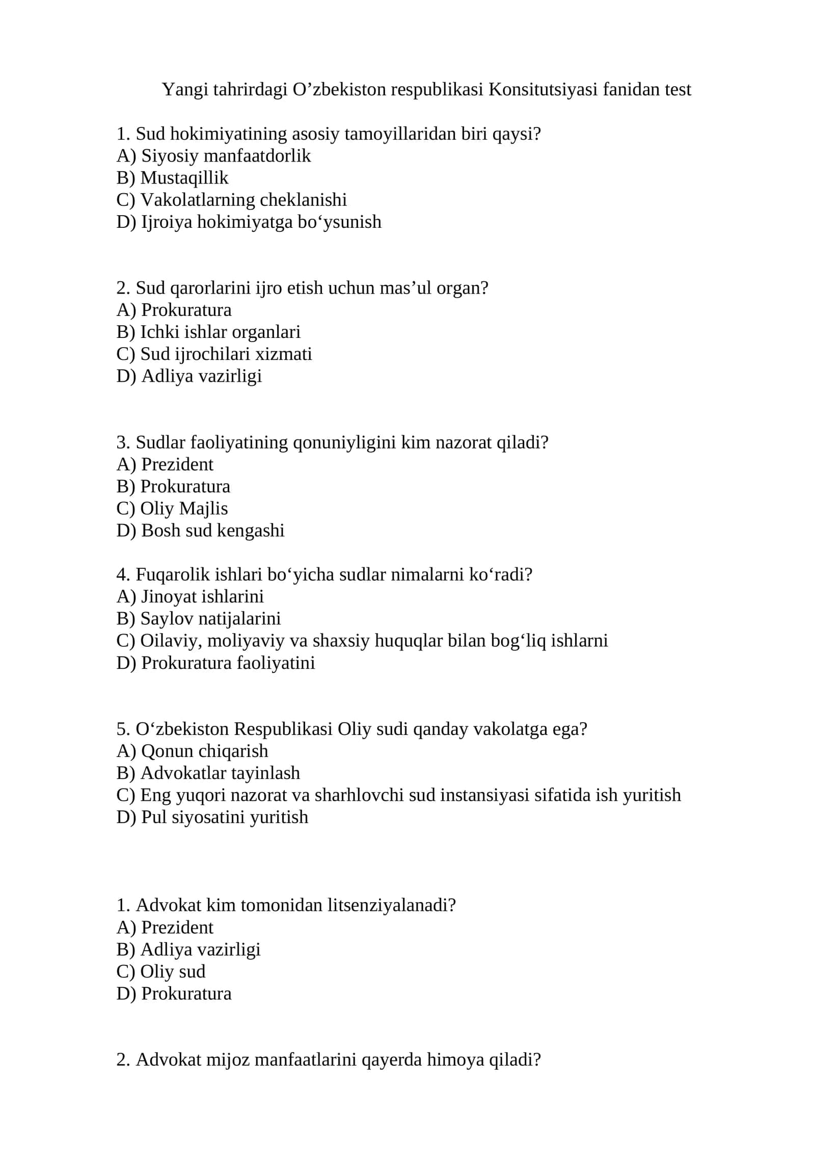 Yangi tahrirdagi O’zbekiston respublikasi Konsitutsiyasi fanidan test 1