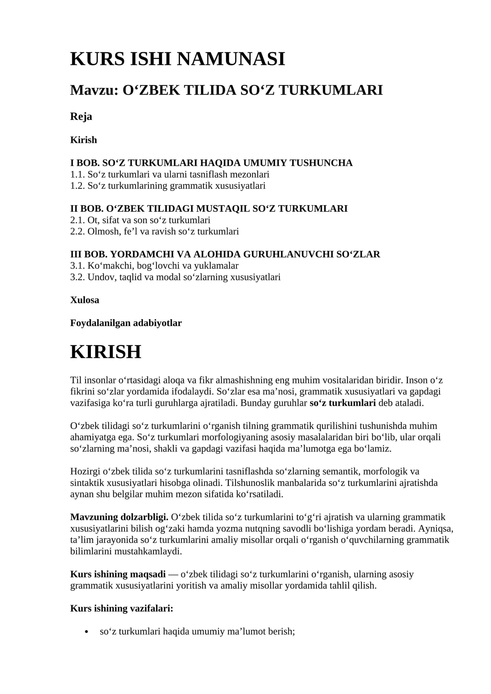 Ona tili fanidan kurs ishi namunasi — O‘zbek tilida so‘z turkumlari 1
