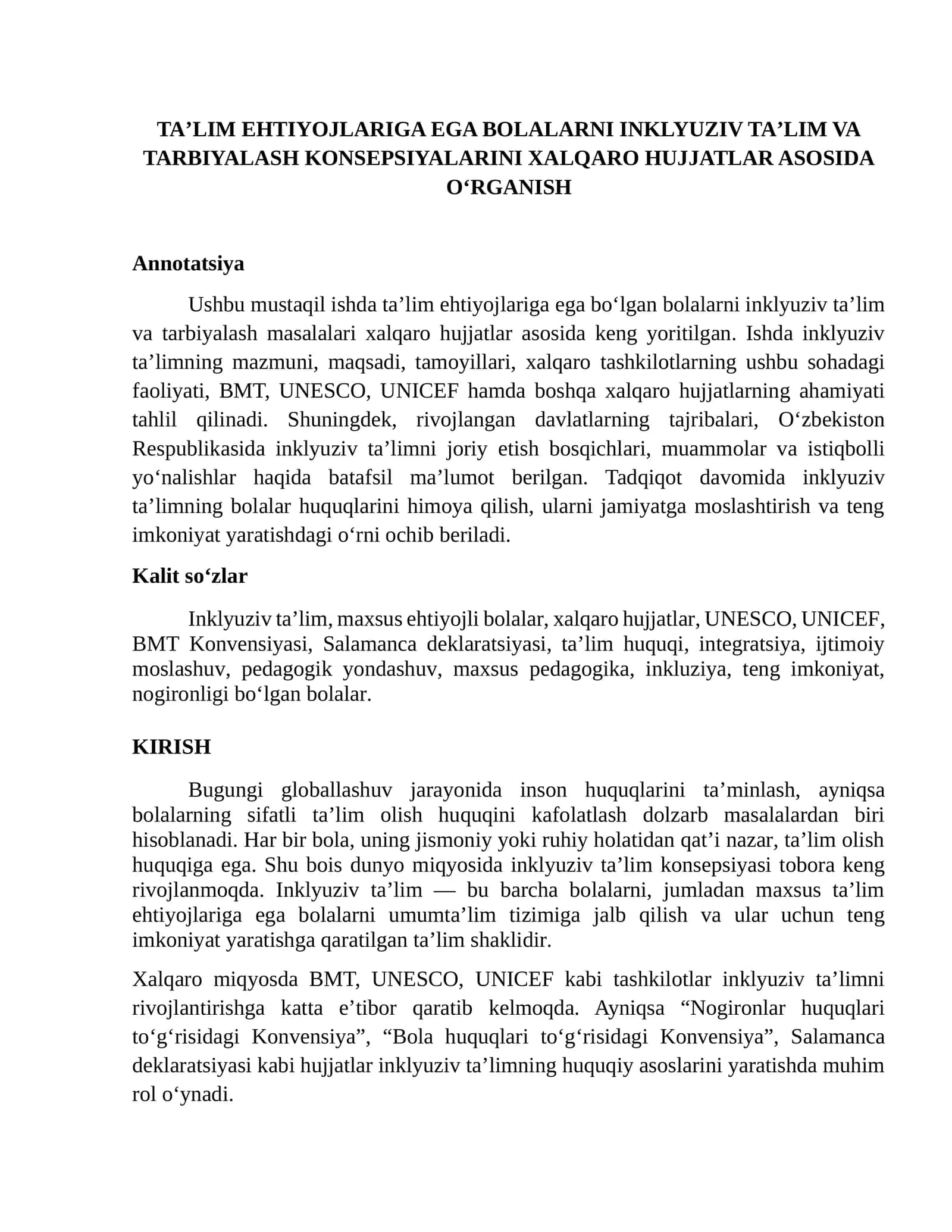 TAʼLIM EHTIYOJLARIGA EGA BOLALARNI INKLYUZIV TAʼLIM VA TARBIYALASH KONSEPSIYALARINI XALQARO HUJJATLAR ASOSIDA O‘RGANISH 1