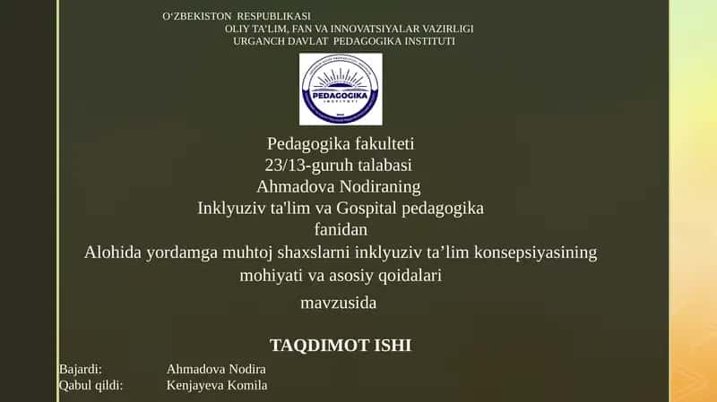 Alohida yordamga muhtoj shaxslarni inklyuziv ta’lim konsepsiyasining mohiyati va asosiy qoidalari 1