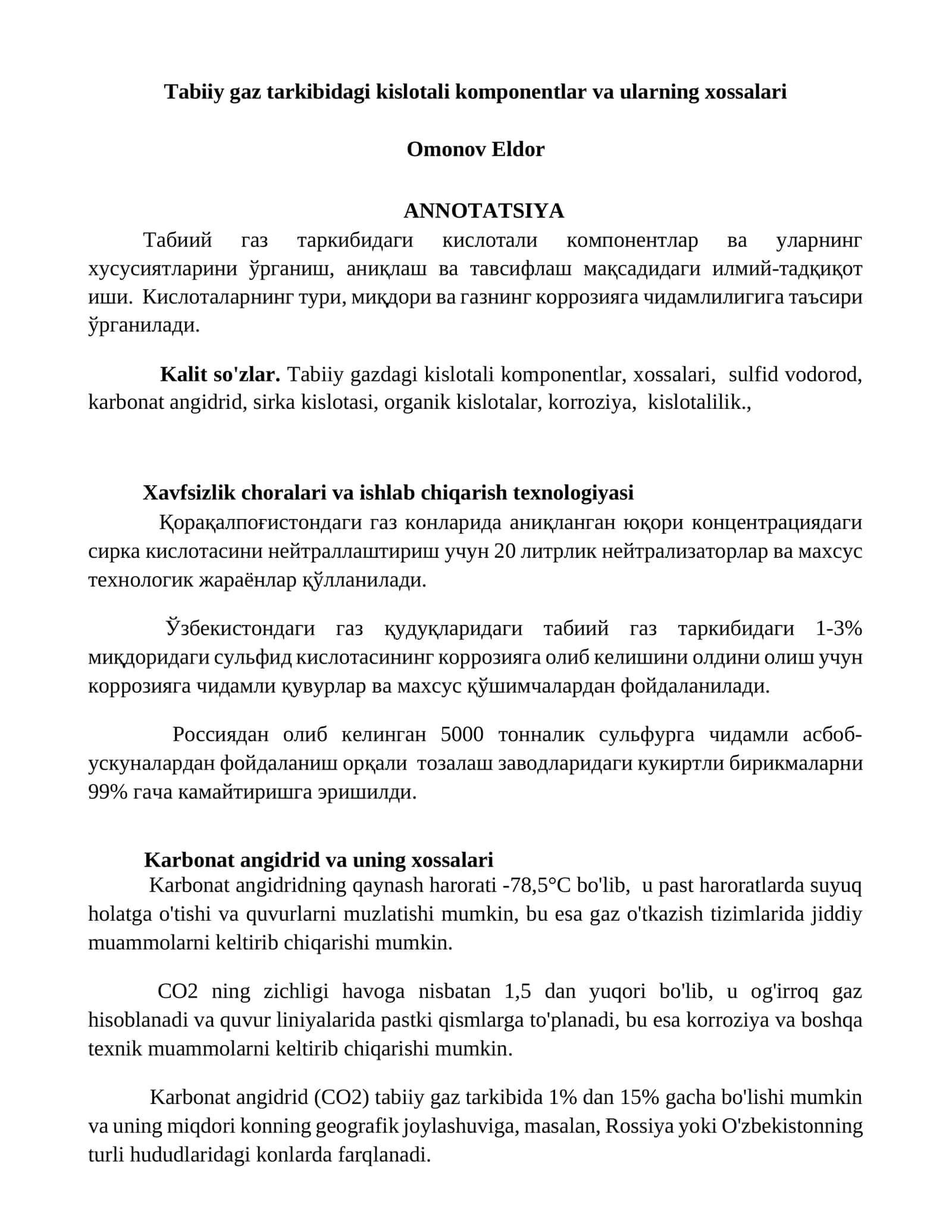 Табиий газ таркибидаги кислотали компонентлар ва ularning xossalari 1