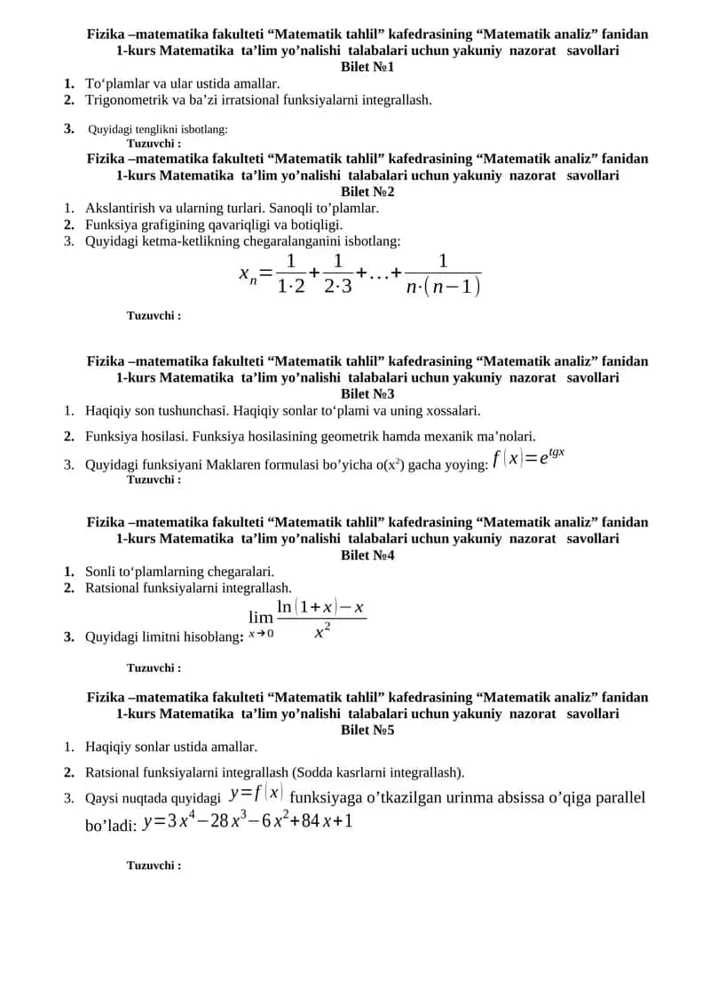 Matematik Tahlil Kafedrasi 1-kurs 1