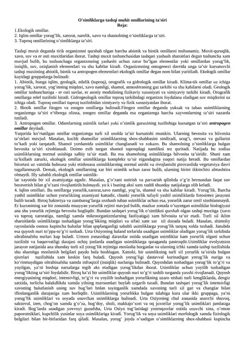 O'simliklarga tashqi muhit omillarining ta'siri