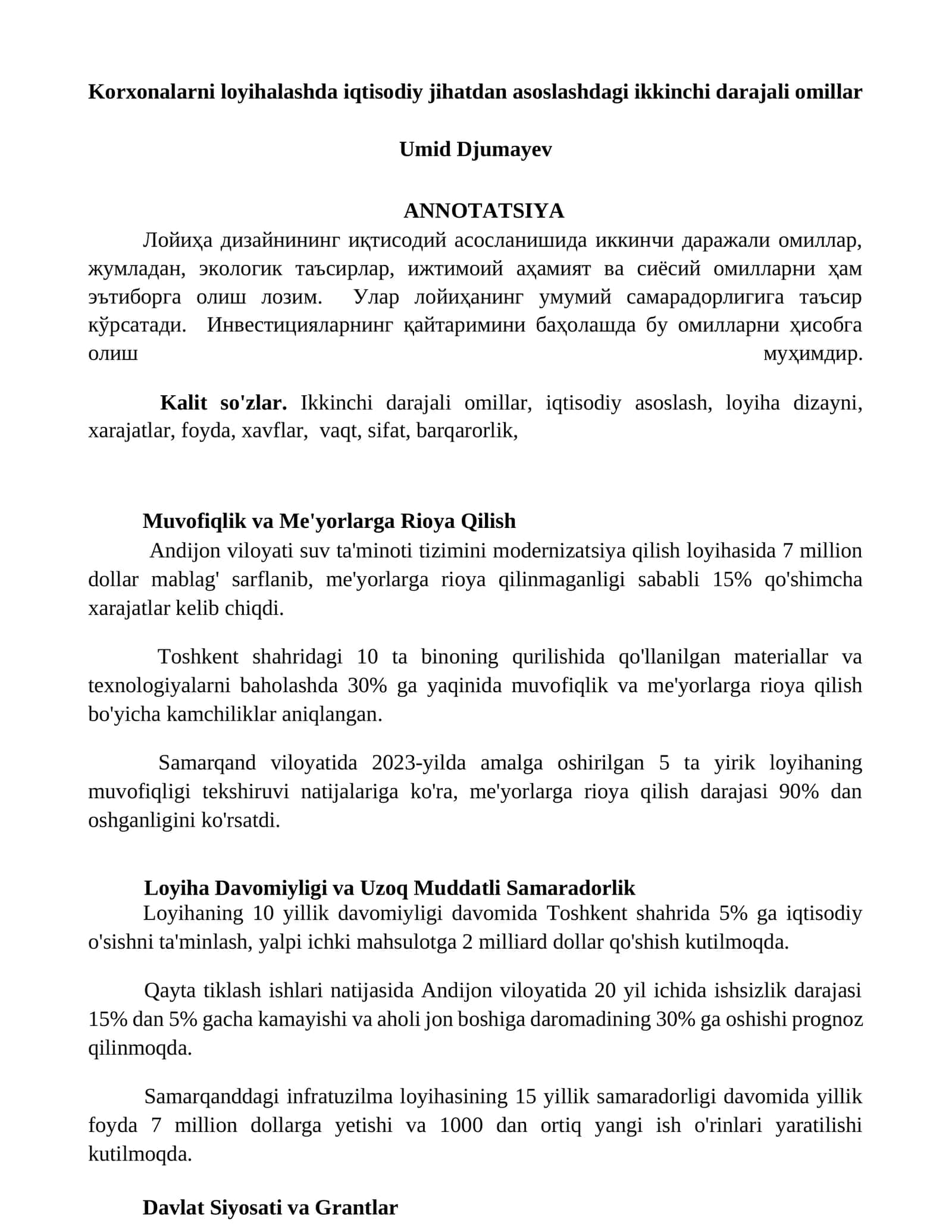 Korxonalarni loyihalashda iqtisodiy jihatdan asoslashdagi ikkinchi darajali omillar 1