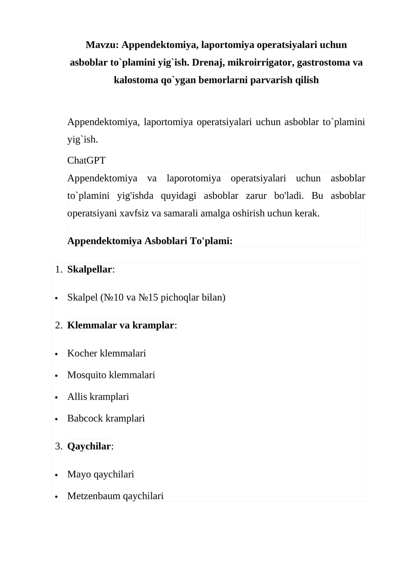Appendektomiya va laporotomiya operatsiyalari uchun asboblar to`plamini yigish 1