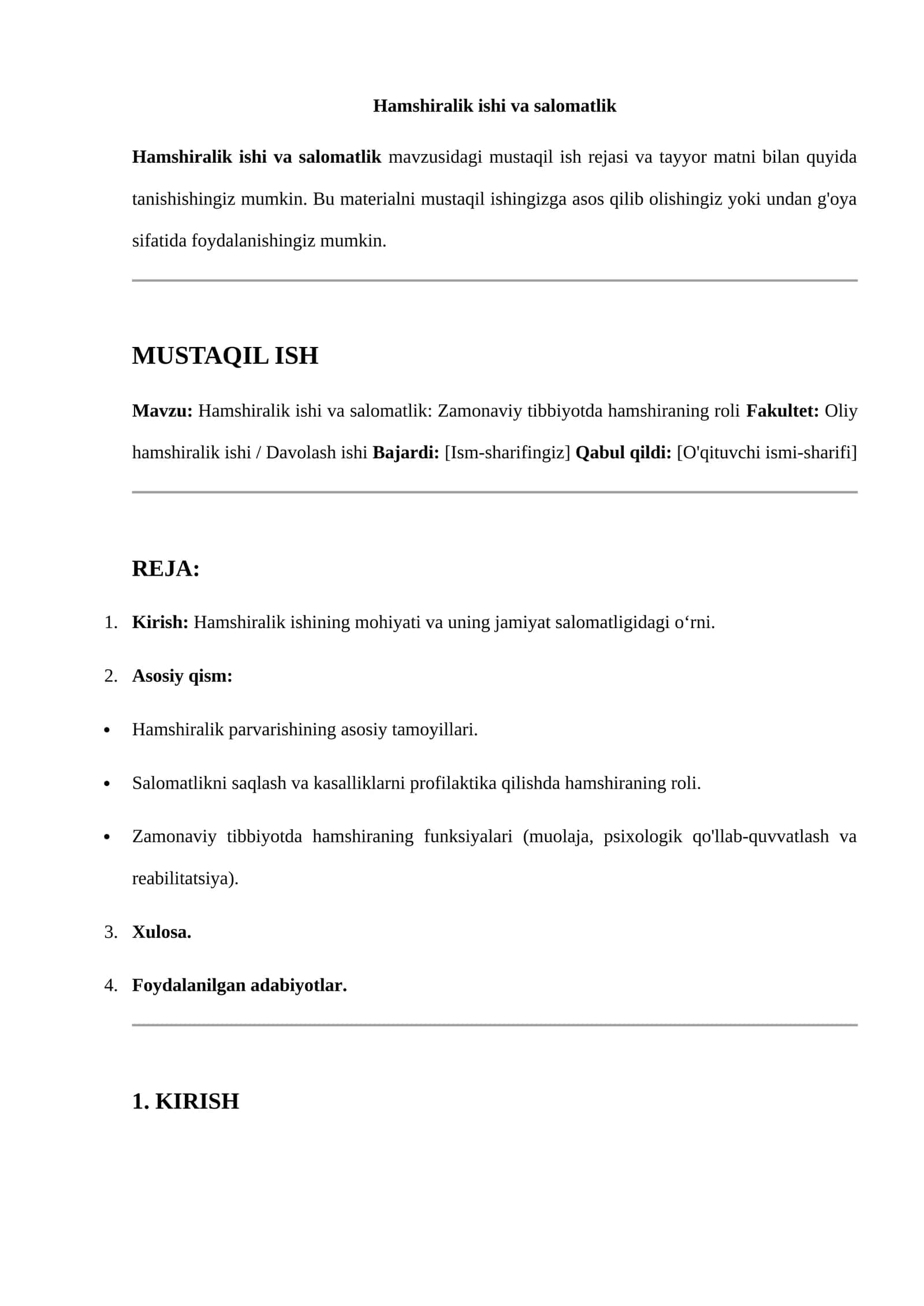 Hamshiralik ishi va salomatlik 1
