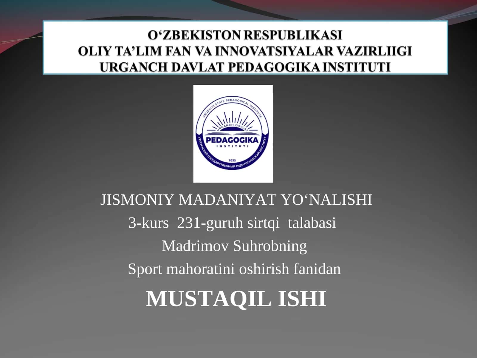 JISMONIY MADANIYAT YO'NALISHI 1