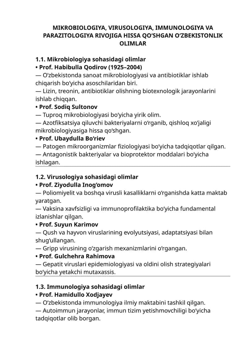 MIKROBIOLOGIYA, VIRUSOLOGIYA, IMMUNOLOGIYA VA PARAZITOLOGIYA RIVOJIGA HISSA QO‘SHGAN O‘ZBEKISTONLIK OLIMLAR 1