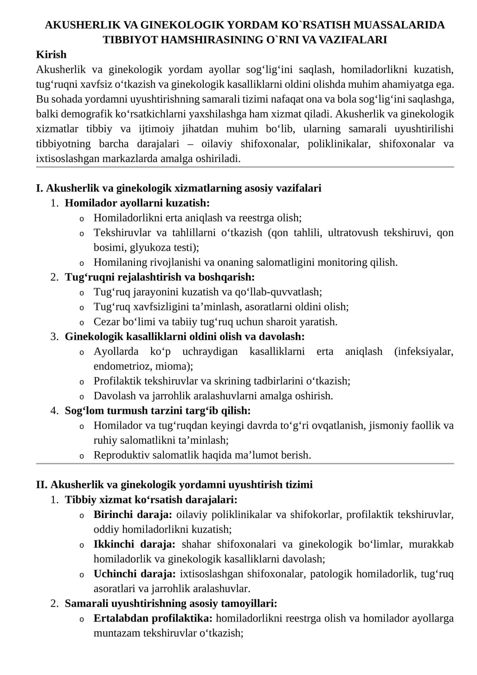 AKUSHERLIK VA GINEKOLOGIK YORDAM KO`RSATISH MUASSALARIDA TIBBIYOT HAMSHIRASINING O`RNI VA VAZIFALARI 1