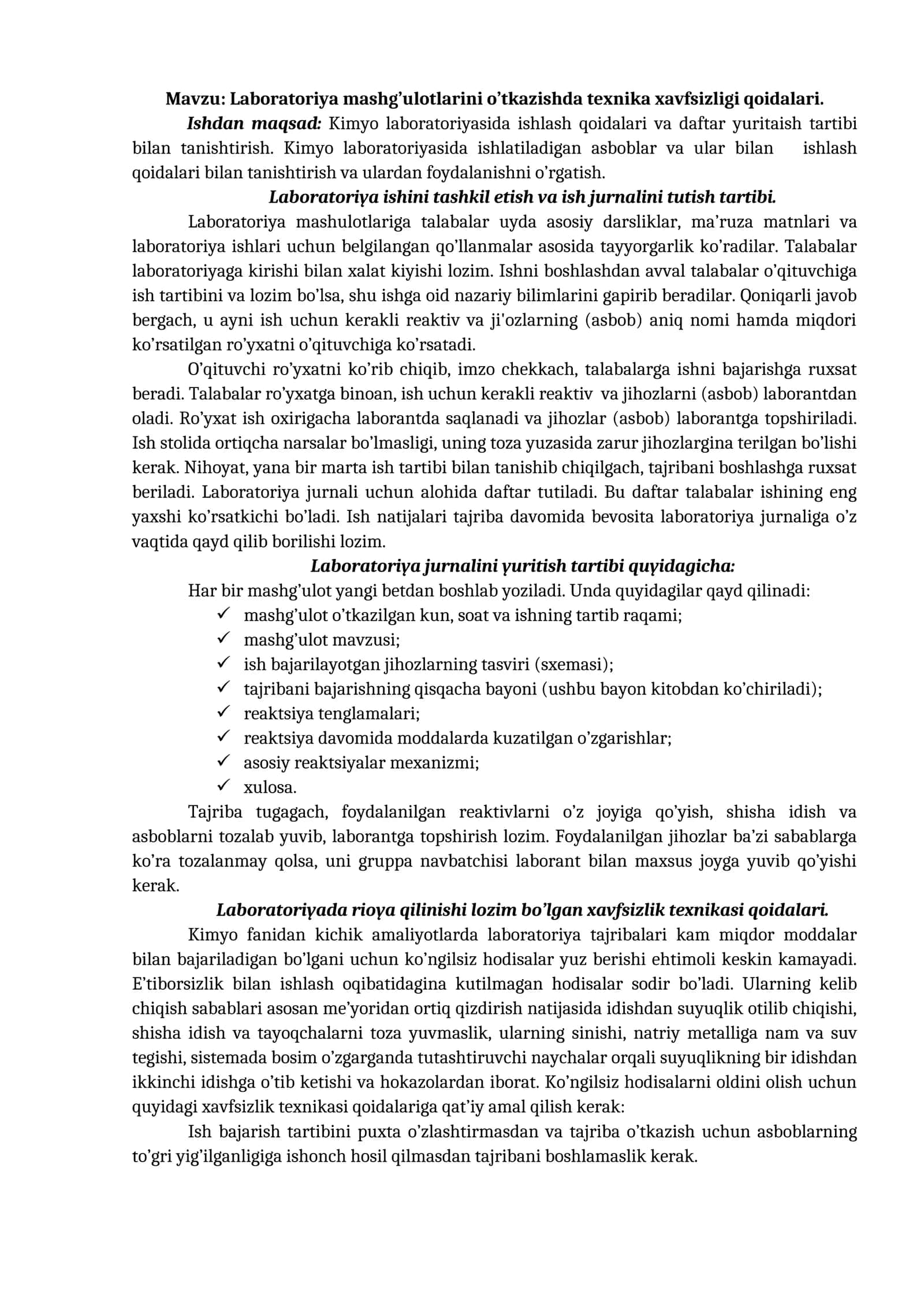 Laboratoriya mashg’ulotlarini o’tkazishda texnika xavfsizligi qoidalari 1