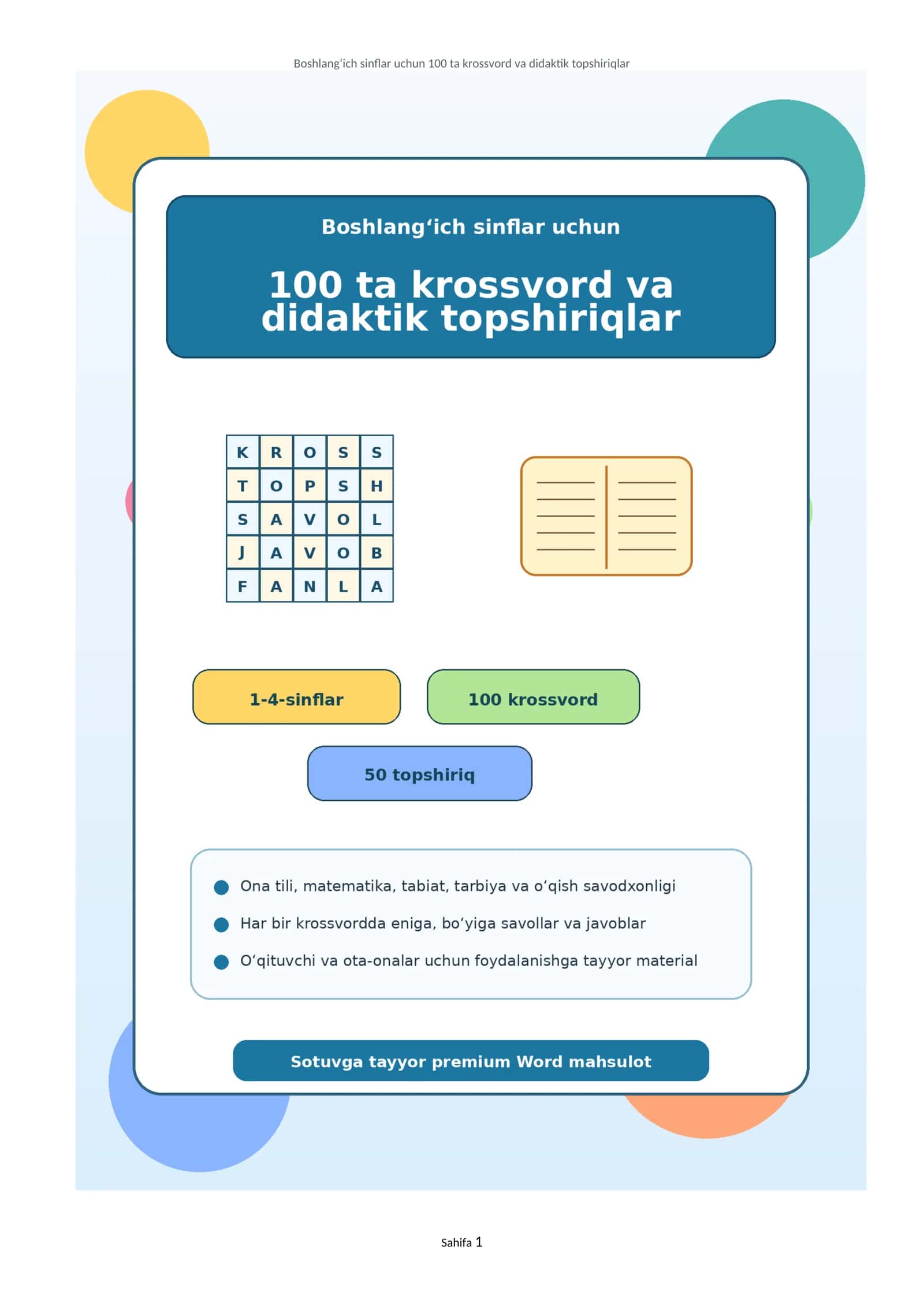 Boshlang‘ich sinflar uchun 100 ta krossvord va didaktik topshiriqlar 1