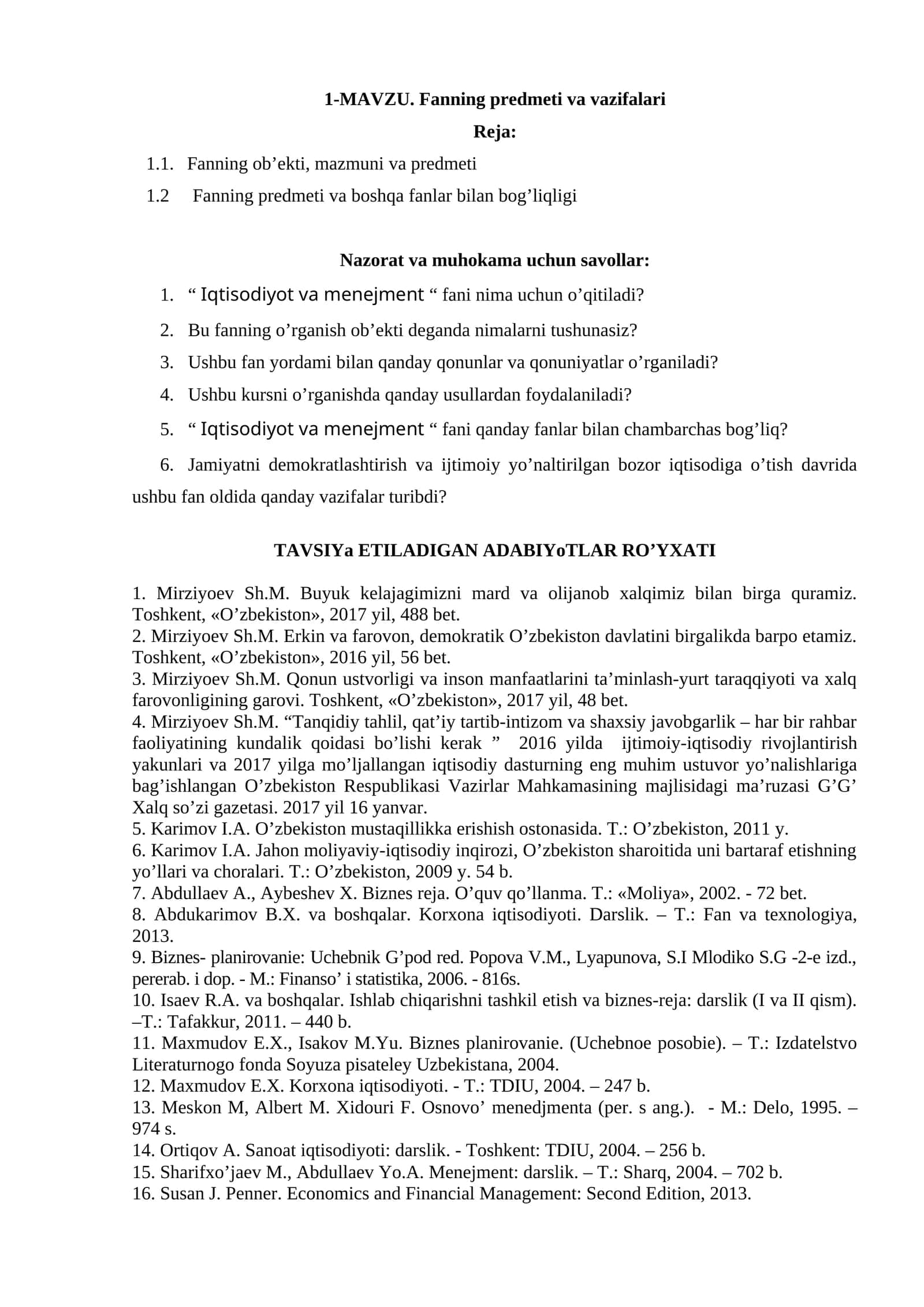 MAVZU. Fanning predmeti va vazifalari 1