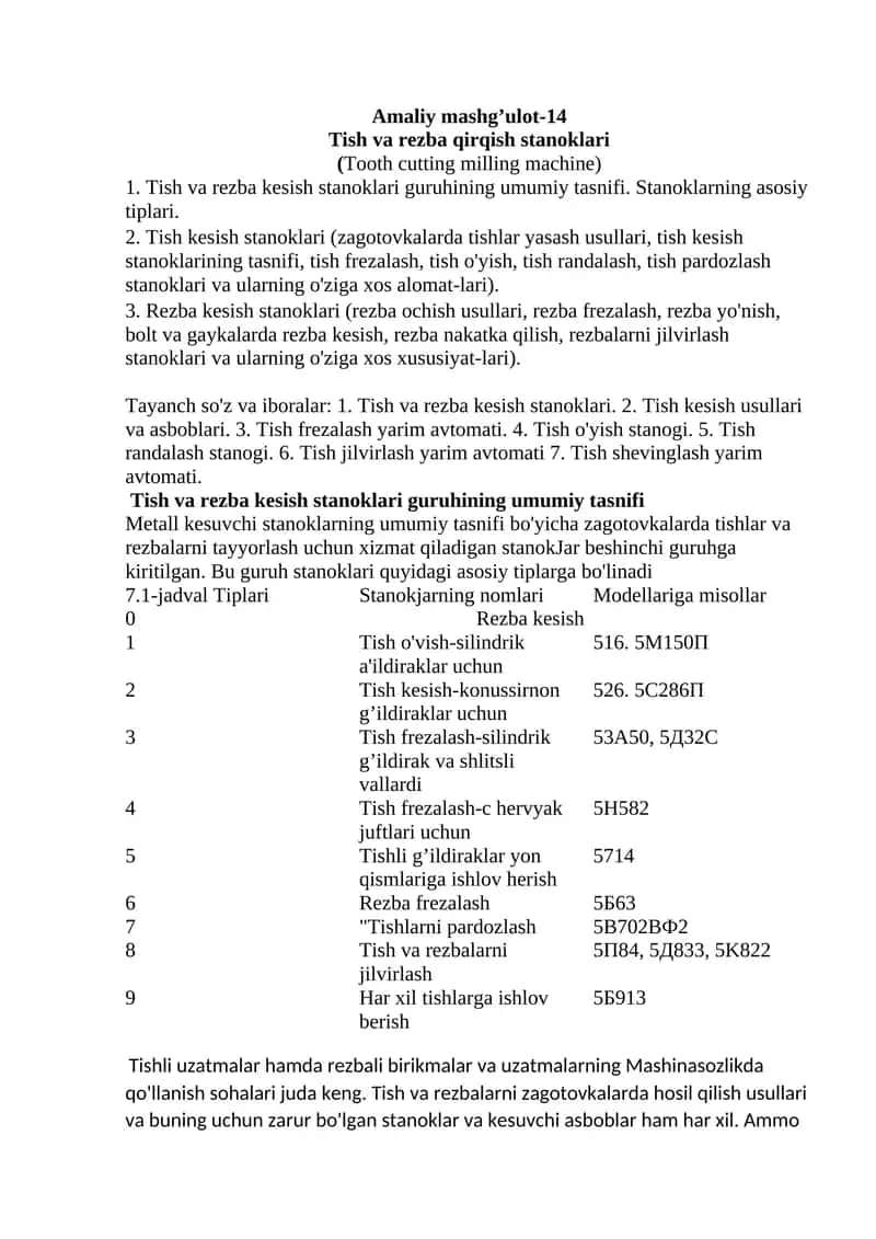 Tish va rezba qirqish stanoklari 1