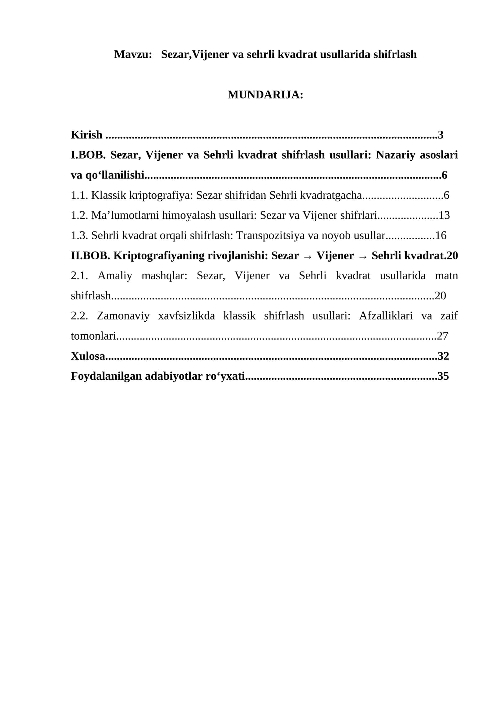 Sezar, Vijener va sehrli kvadrat usullarida shifrlash 1