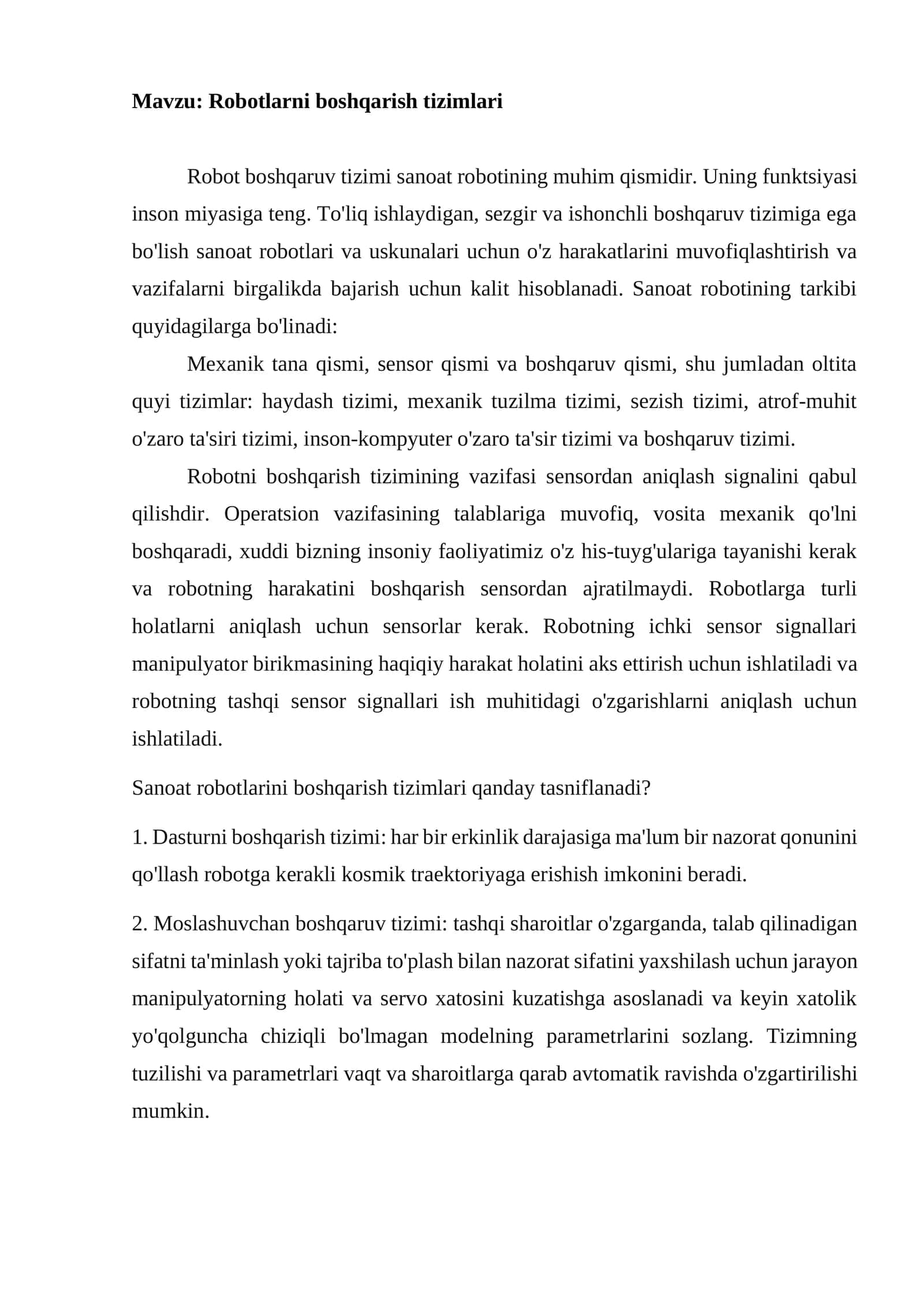 Robotlarni boshqarish tizimlari 1