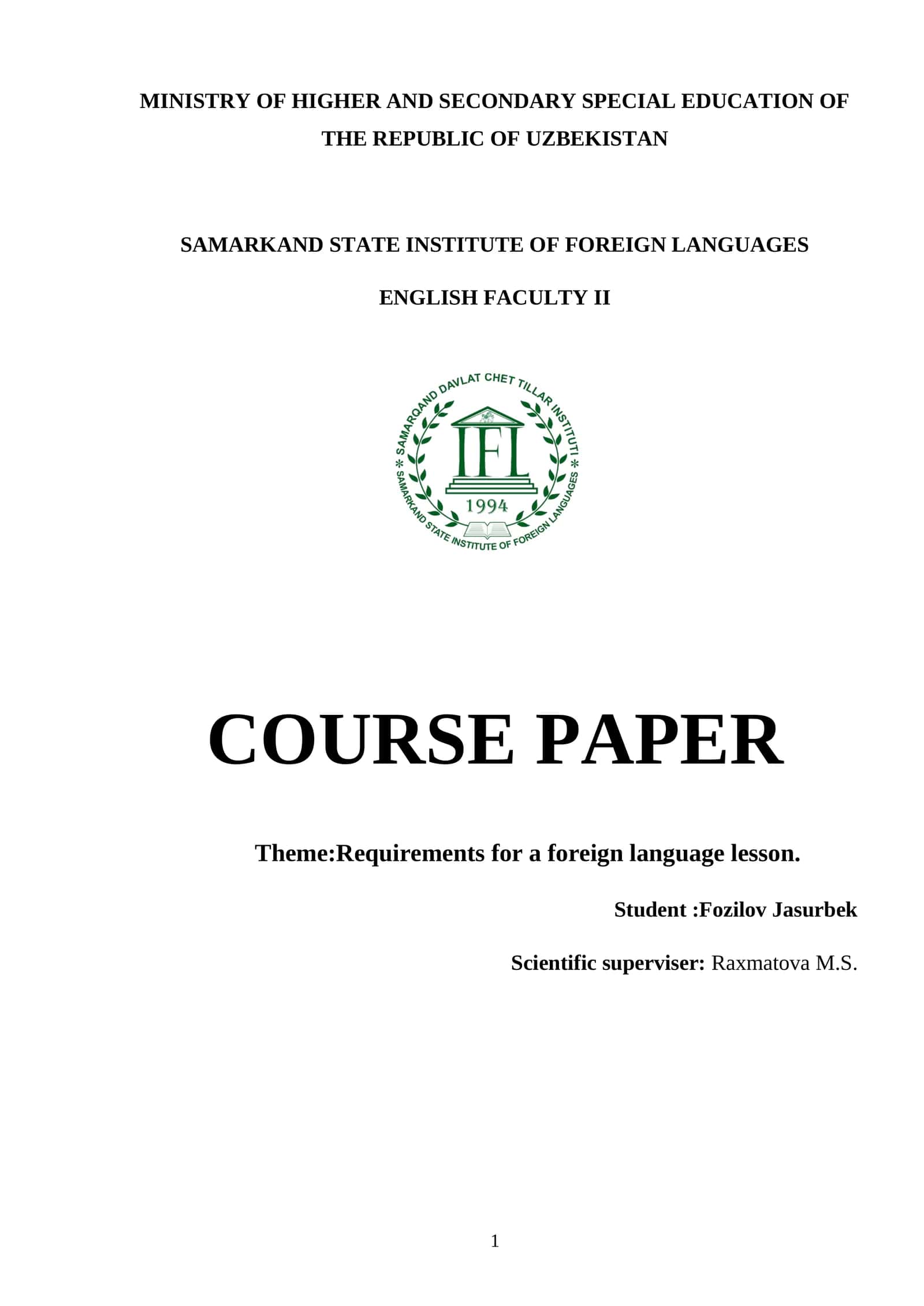 Course Paper: Requirements for a Foreign Language Lesson 1