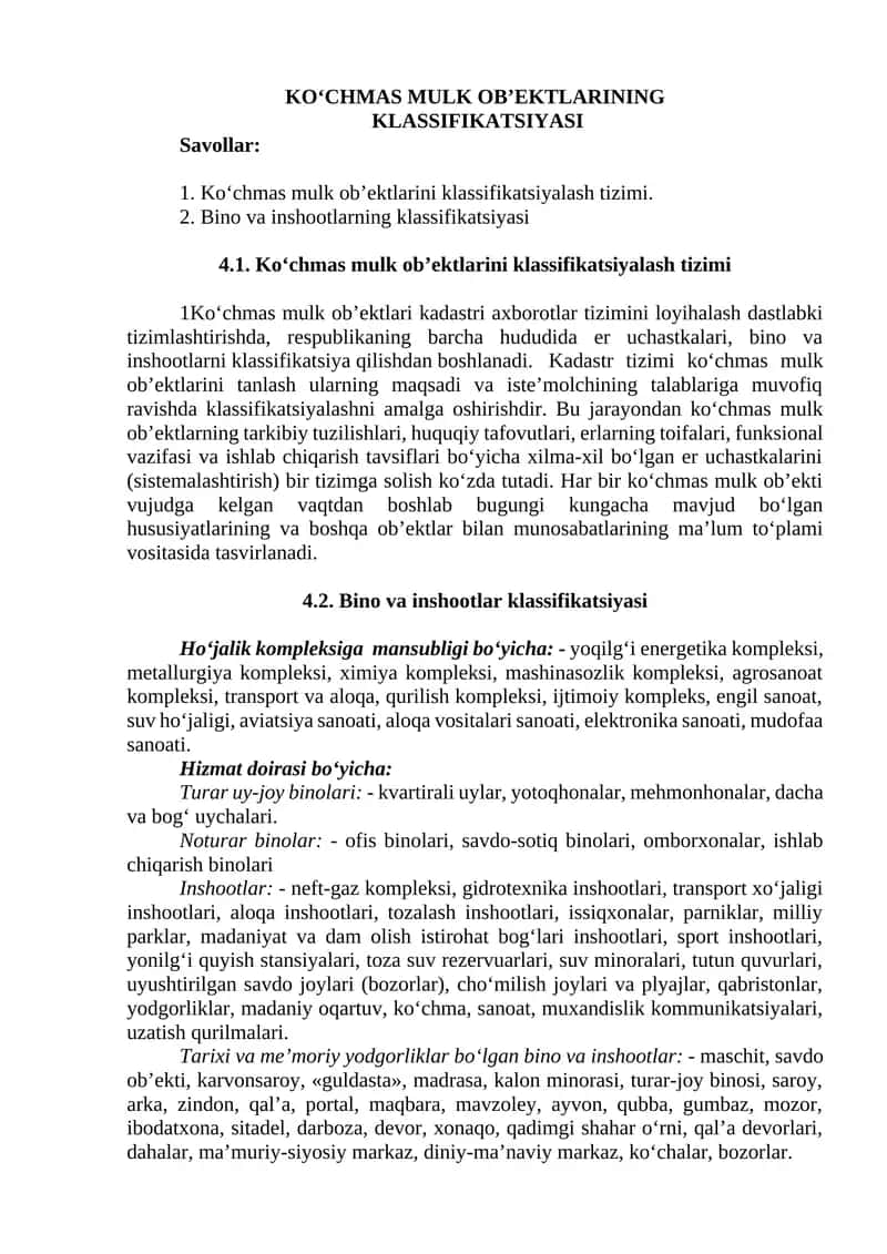 KO‘CHMAS MULK OB’EKTLARINING KLASSIFIKATSIYASI 1