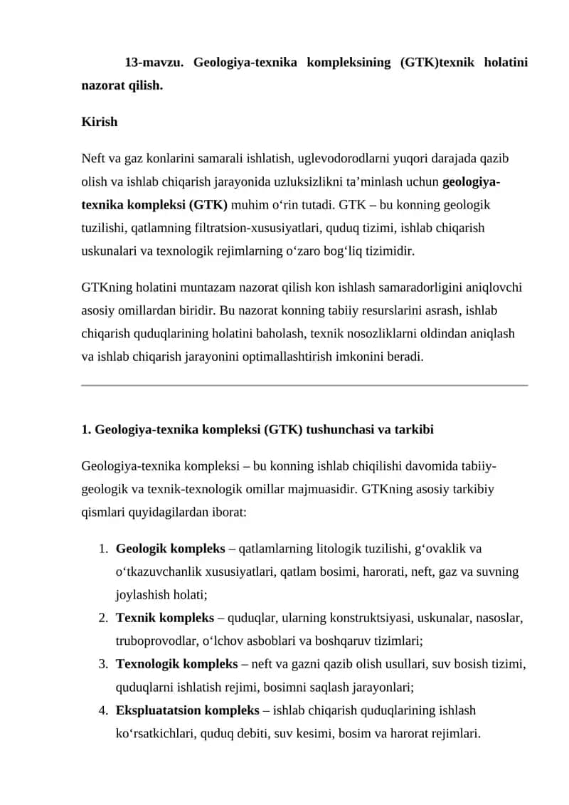 Geologiya-texnika kompleksi (GTK) texnik holatini nazorat qilish 1
