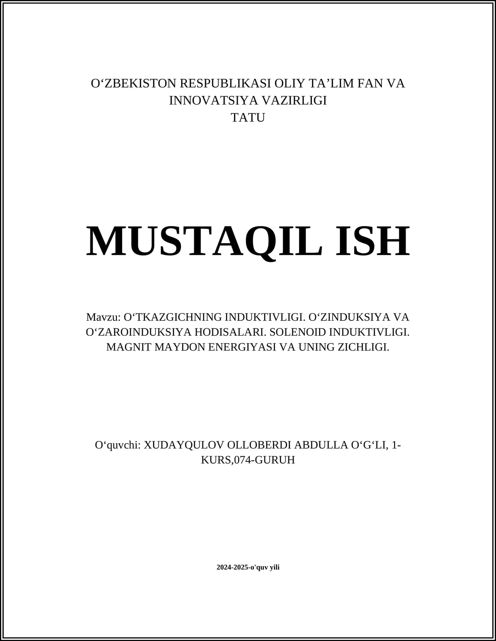 O‘TKAZGICHNING INDUKTIVLIGI 1