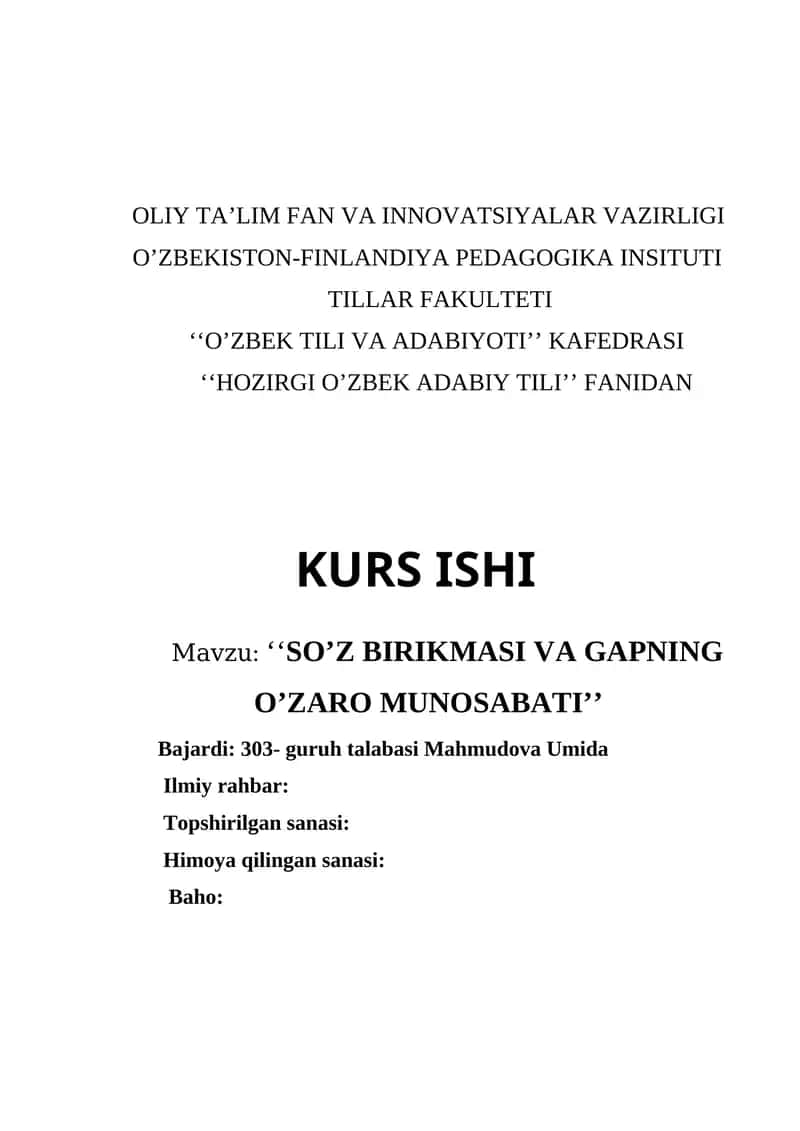 Kurs ishi "SO’Z BIRIKMASI VA GAPNING O’ZARO MUNOSABATI" 1