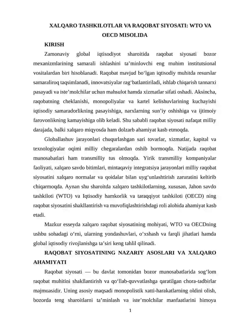 XALQARO TASHKILOTLAR VA RAQOBAT SIYOSATI: WTO VA OECD MISOLIDA