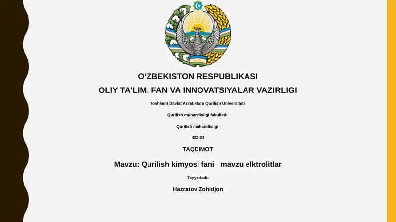 Qurilish kimyosi fani mavzu elktrolitlar 1