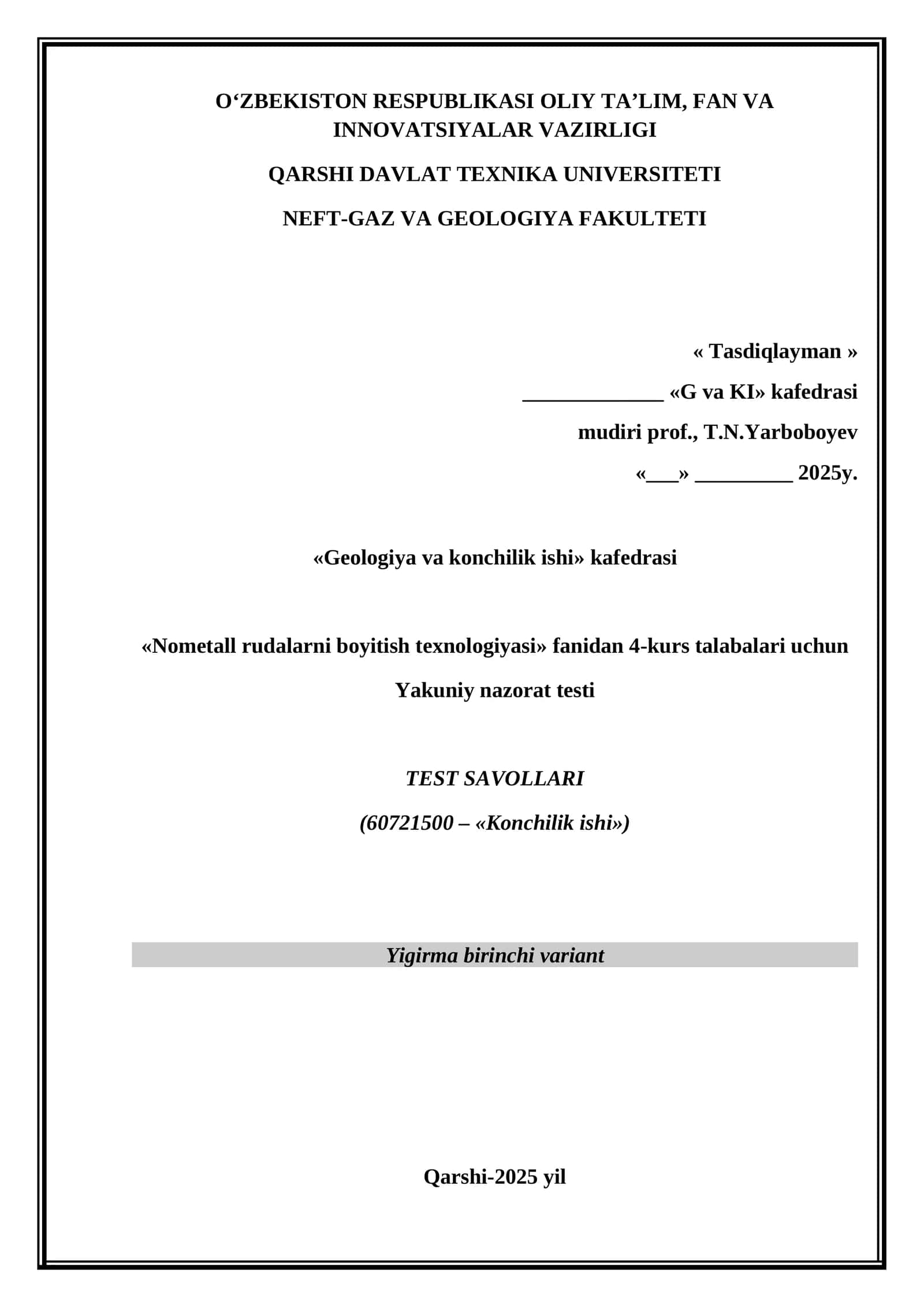 Nometall rudalarni boyitish texnologiyasi testi 1