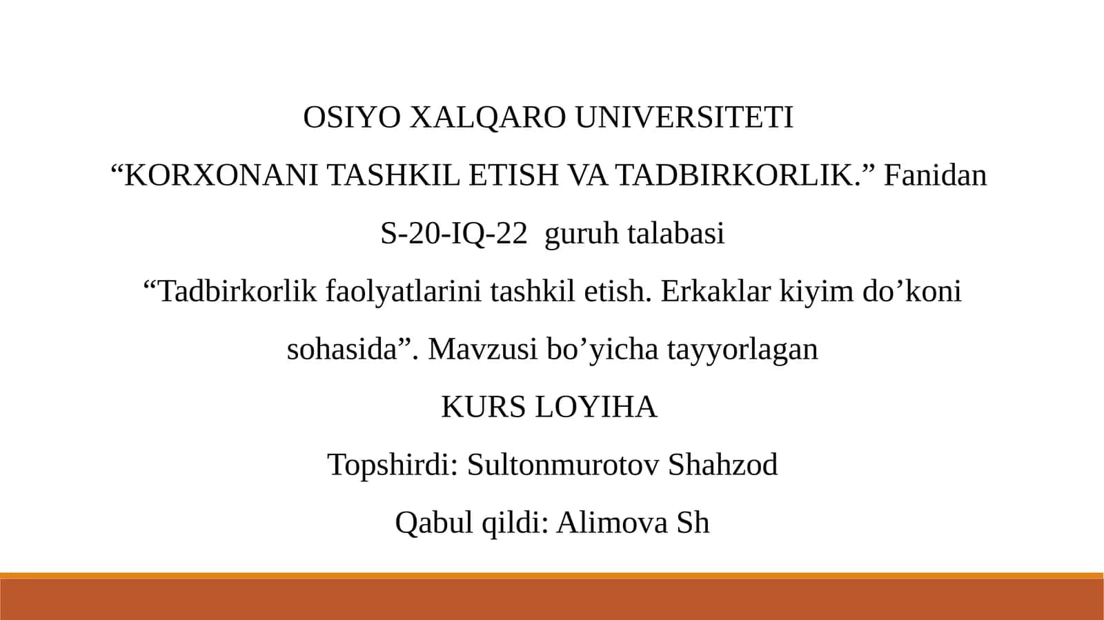 Tadbirkorlik faolyatlarini tashkil etish. Erkaklar kiyim do’koni sohasida 1