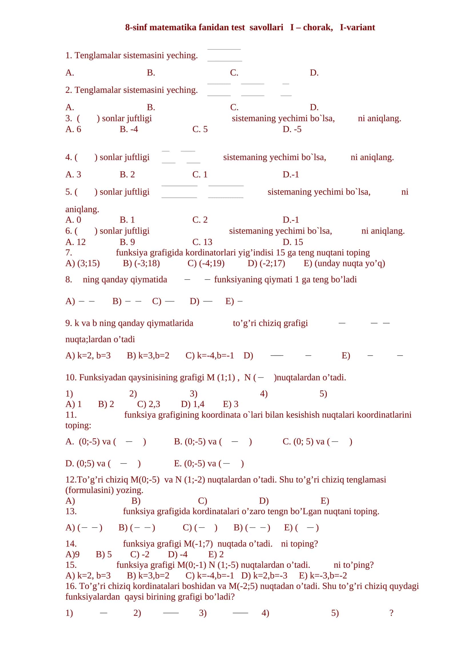 8-sinf matematika fanidan test savollari I – chorak, I-variant 1