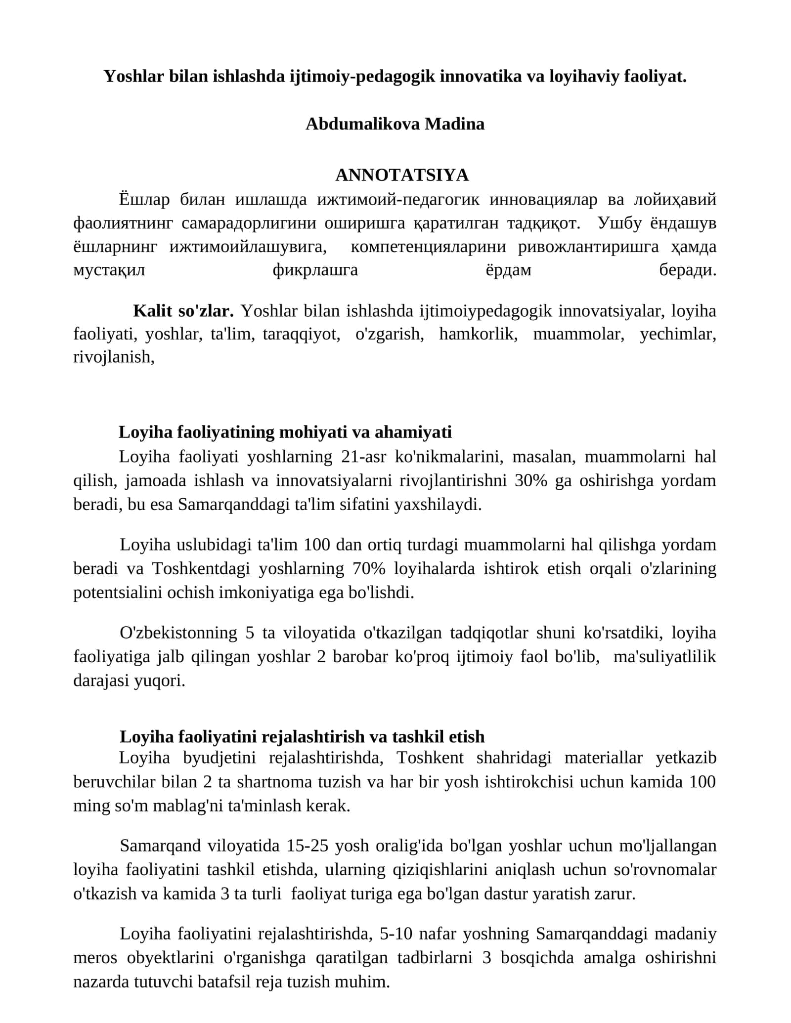 Yoshlar bilan ishlashda ijtimoiy-pedagogik innovatika va loyihaviy faoliyat 1