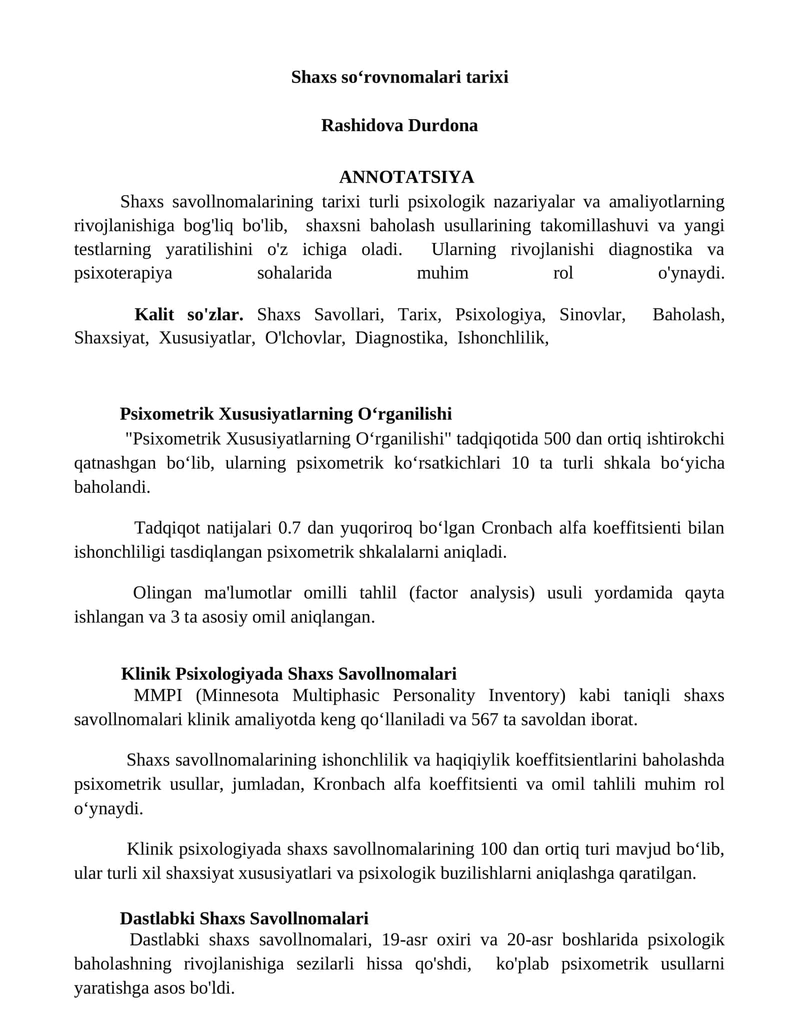 Shaxs soʻrovnomalari tarixi 1