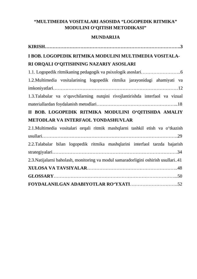 “MULTIMEDIA VOSITALARI ASOSIDA “LOGOPEDIK RITMIKA” MODULINI О‘QITISH METODIKASI” 1