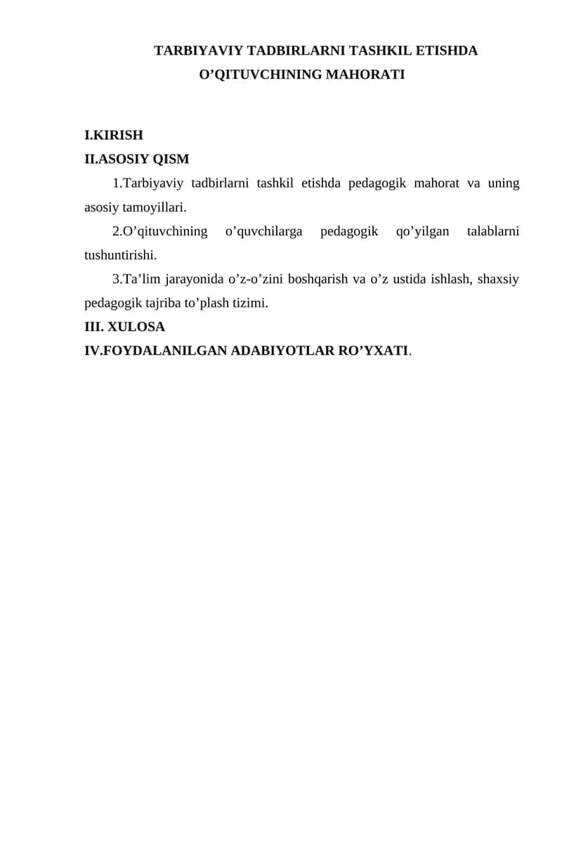 TARBIYAVIY TADBIRLARNI TASHKIL ETISHDA O’QITUVCHINING MAHORATI 1